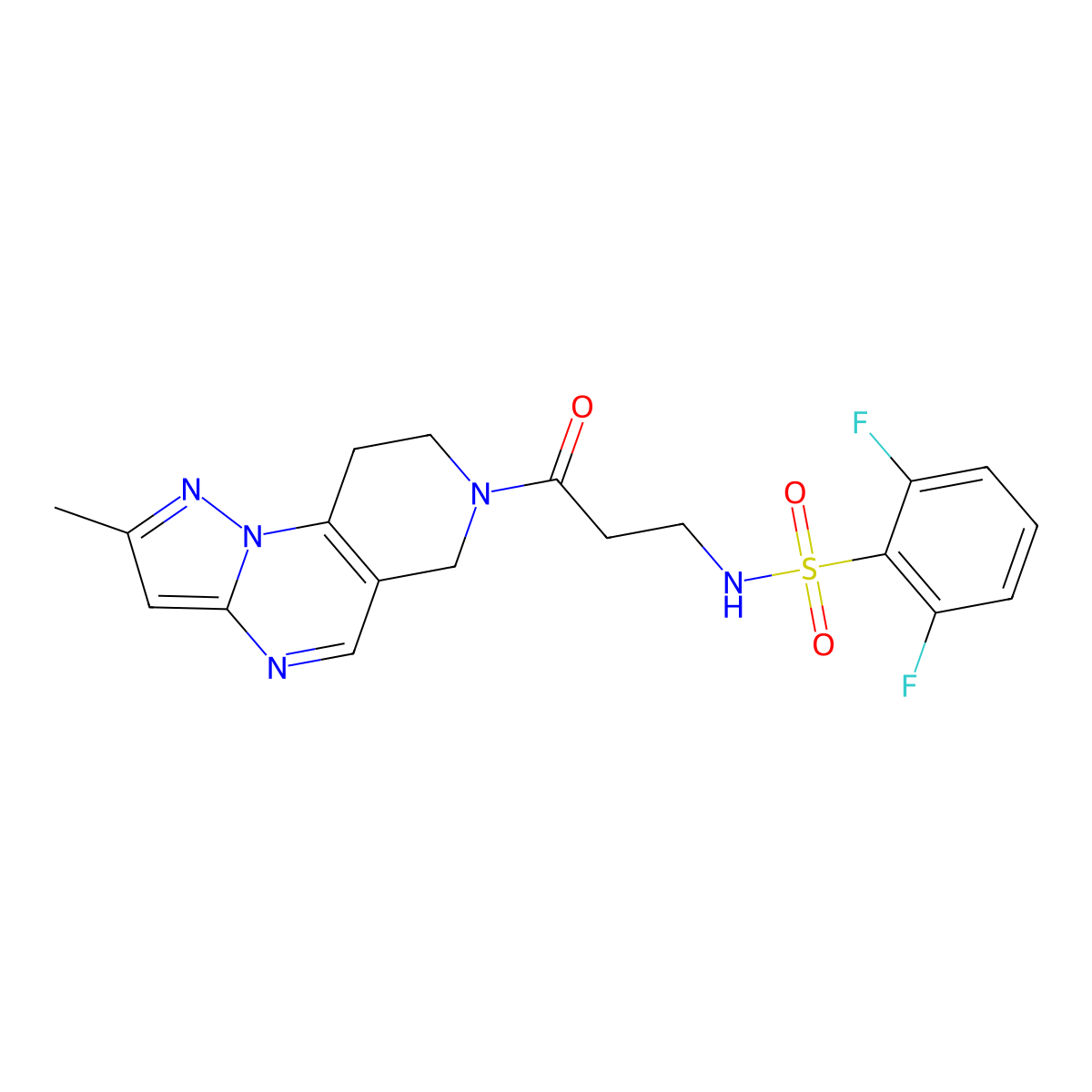 2,6-difluoro-N-(3-(2-methyl-8,9-dihydropyrazolo[1,5-a]pyrido[3,4-e]pyrimidin-7(6H)-yl)-3-oxopropyl)benzenesulfonamide molecular structure, CAS 1797735-44-4