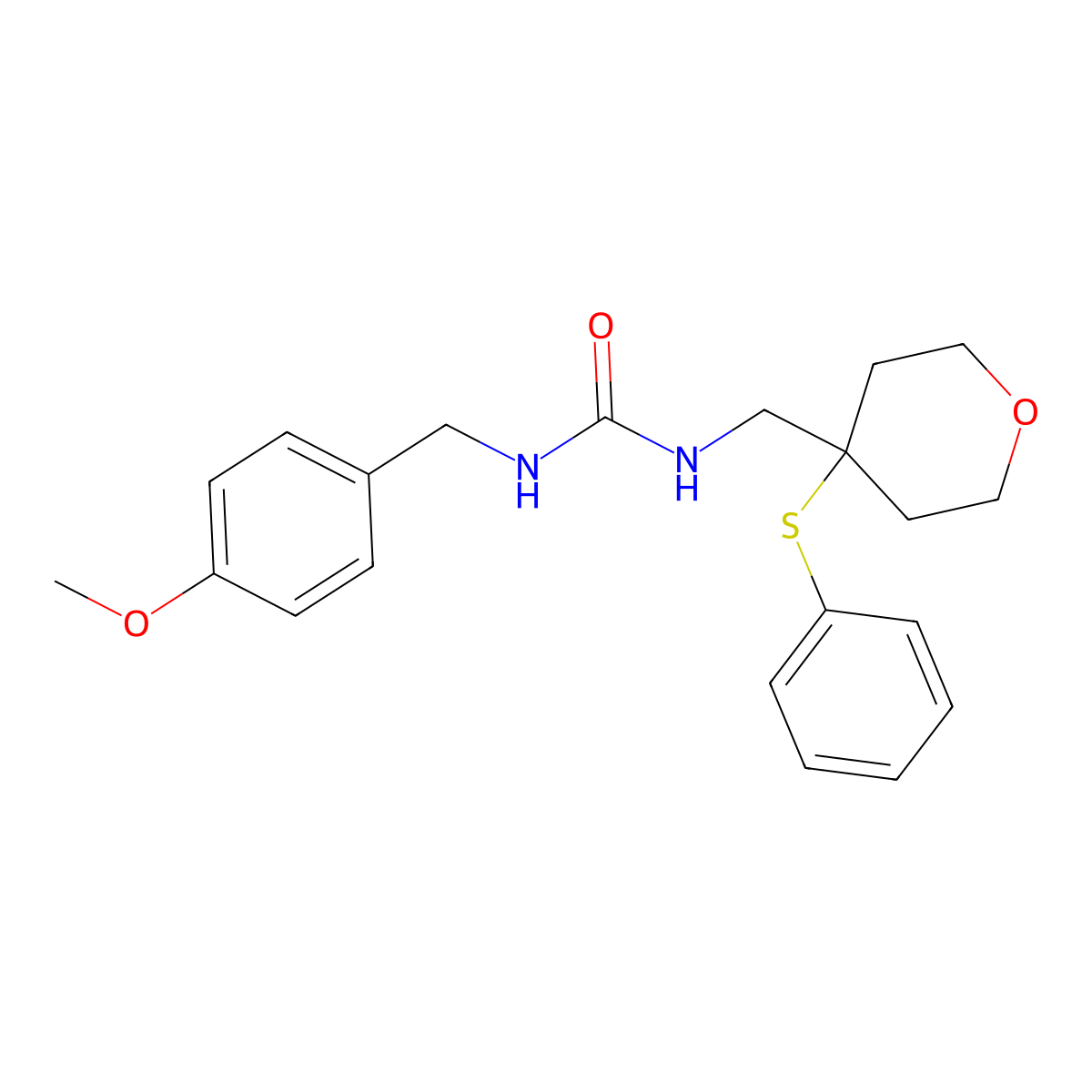 1-(4-methoxybenzyl)-3-((4-(phenylthio)tetrahydro-2H-pyran-4-yl)methyl)urea molecular structure, CAS 1797735-56-8
