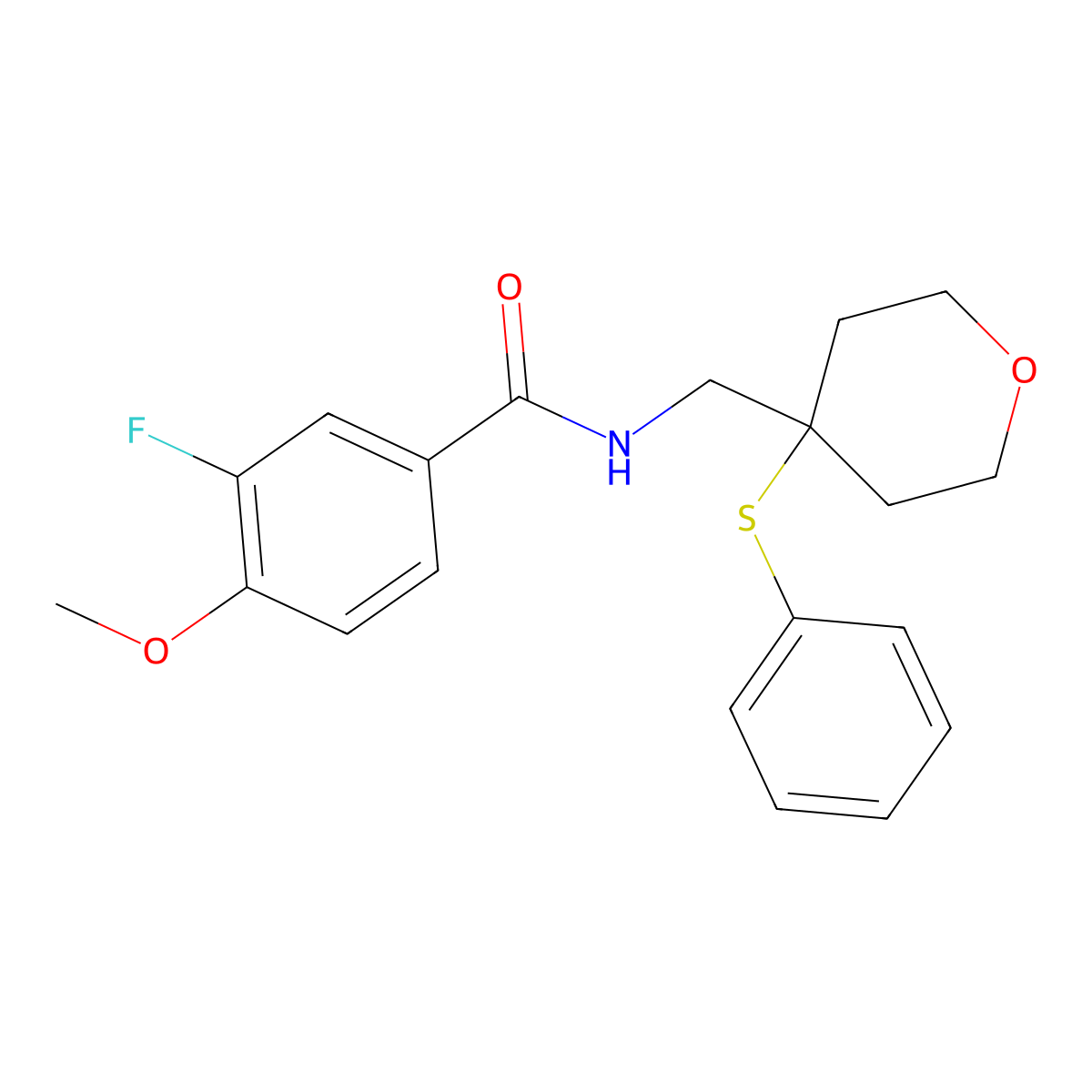 3-fluoro-4-methoxy-N-((4-(phenylthio)tetrahydro-2H-pyran-4-yl)methyl)benzamide molecular structure, CAS 1797735-70-6