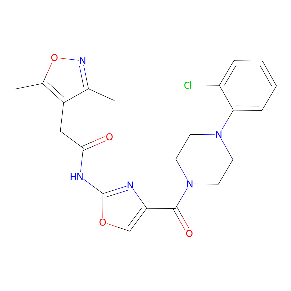 N-(4-(4-(2-chlorophenyl)piperazine-1-carbonyl)oxazol-2-yl)-2-(3,5-dimethylisoxazol-4-yl)acetamide molecular structure, CAS 1797736-37-8