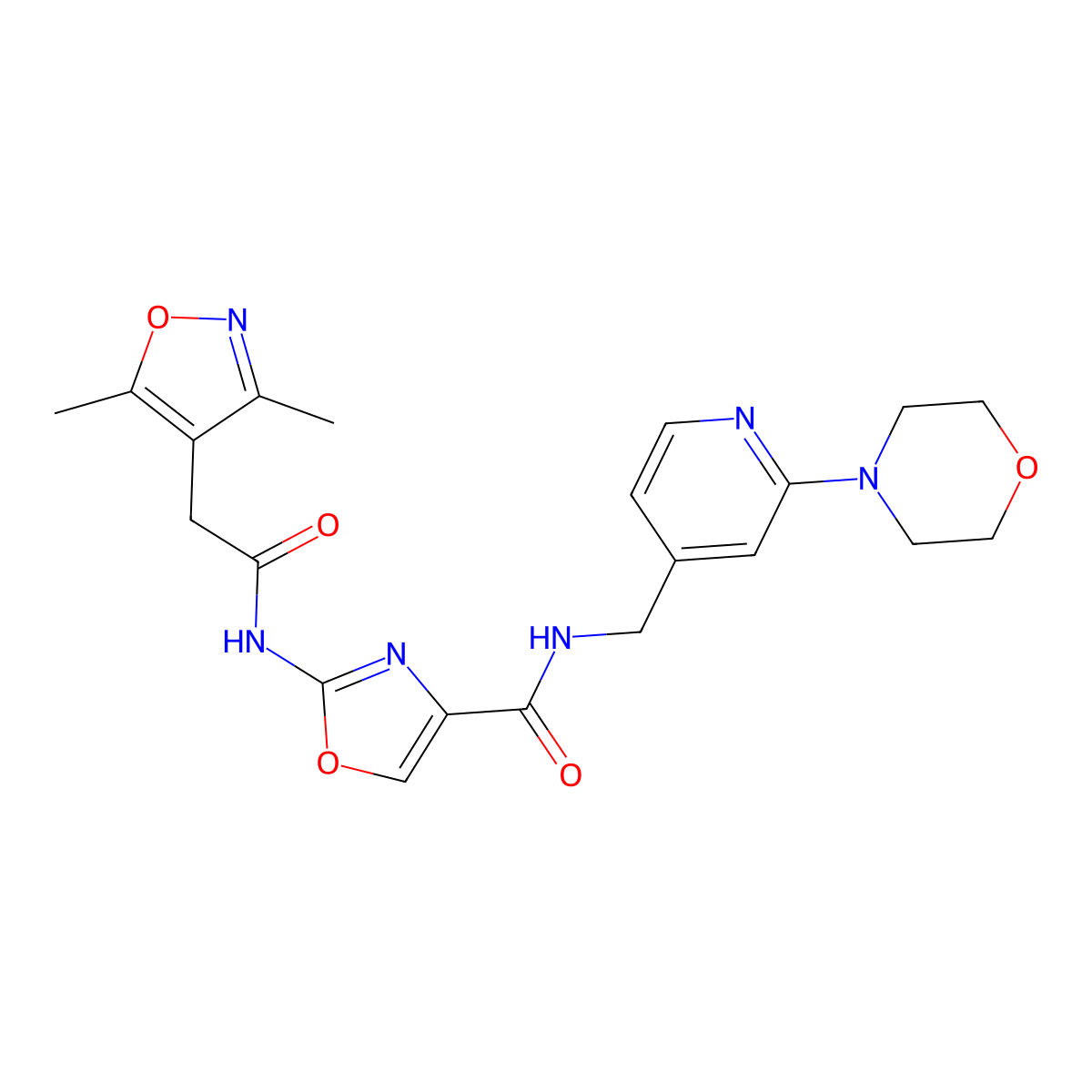 2-(2-(3,5-dimethylisoxazol-4-yl)acetamido)-N-((2-morpholinopyridin-4-yl)methyl)oxazole-4-carboxamide molecular structure, CAS 1797736-41-4