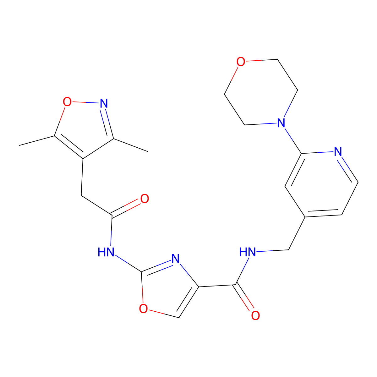 2-(2-(3,5-dimethylisoxazol-4-yl)acetamido)-N-((2-morpholinopyridin-4-yl)methyl)oxazole-4-carboxamide molecular structure, CAS 1797736-41-4