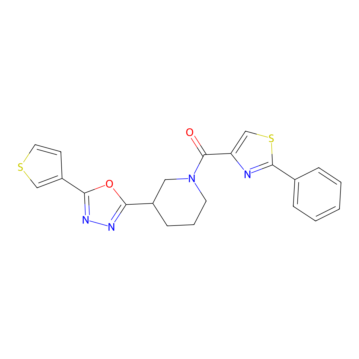 (2-Phenylthiazol-4-yl)(3-(5-(thiophen-3-yl)-1,3,4-oxadiazol-2-yl)piperidin-1-yl)methanone molecular structure, CAS 1797736-57-2
