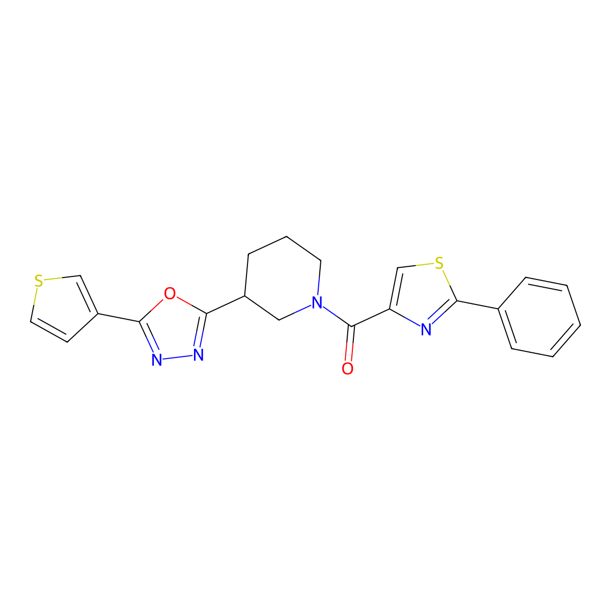 (2-Phenylthiazol-4-yl)(3-(5-(thiophen-3-yl)-1,3,4-oxadiazol-2-yl)piperidin-1-yl)methanone molecular structure, CAS 1797736-57-2