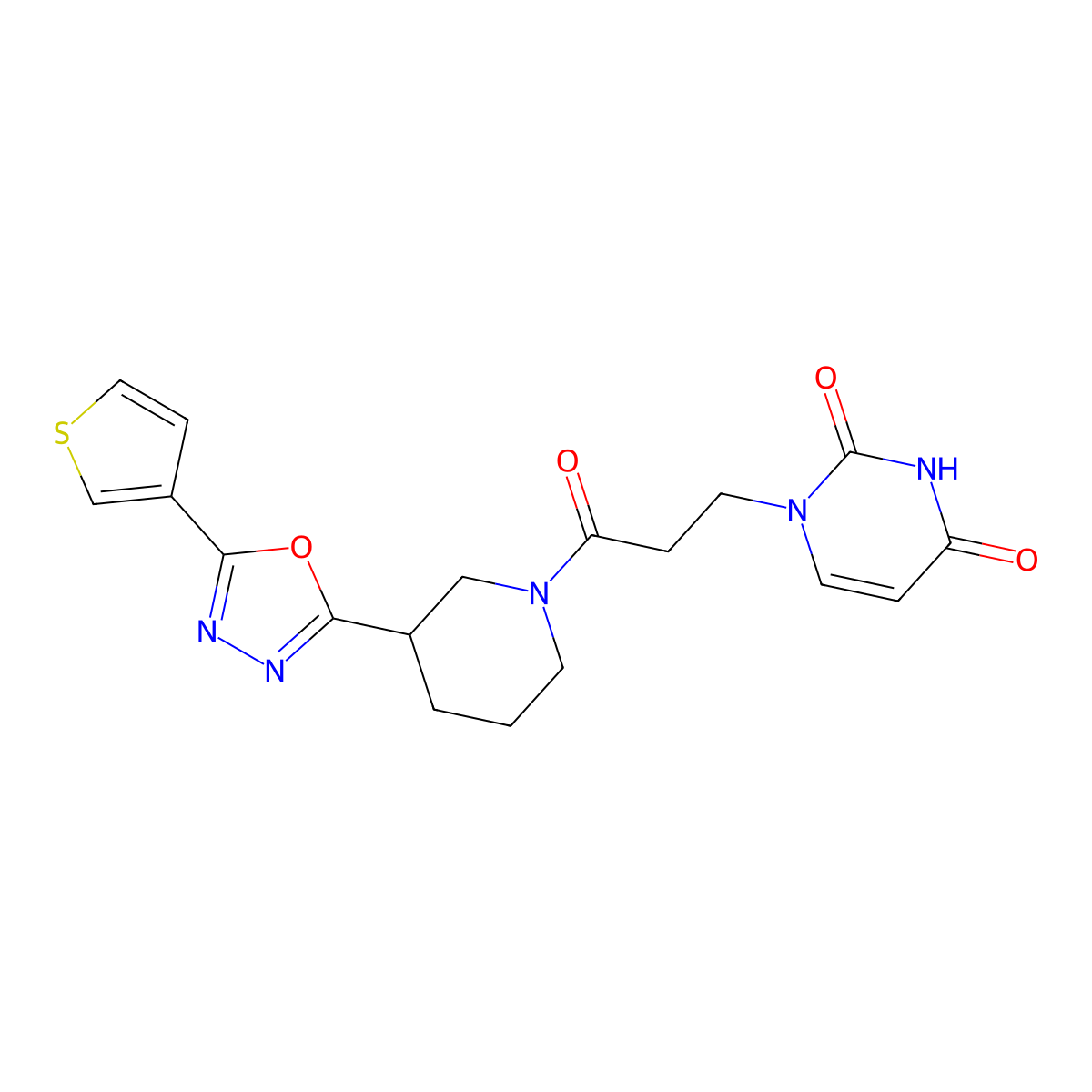 1-(3-oxo-3-(3-(5-(thiophen-3-yl)-1,3,4-oxadiazol-2-yl)piperidin-1-yl)propyl)pyrimidine-2,4(1H,3H)-dione molecular structure, CAS 1797736-62-9