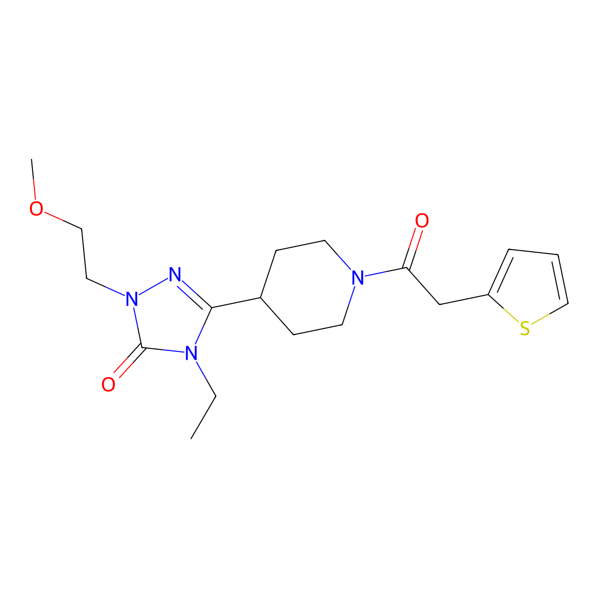 4-ethyl-1-(2-methoxyethyl)-3-(1-(2-(thiophen-2-yl)acetyl)piperidin-4-yl)-1H-1,2,4-triazol-5(4H)-one molecular structure, CAS 1797736-99-2