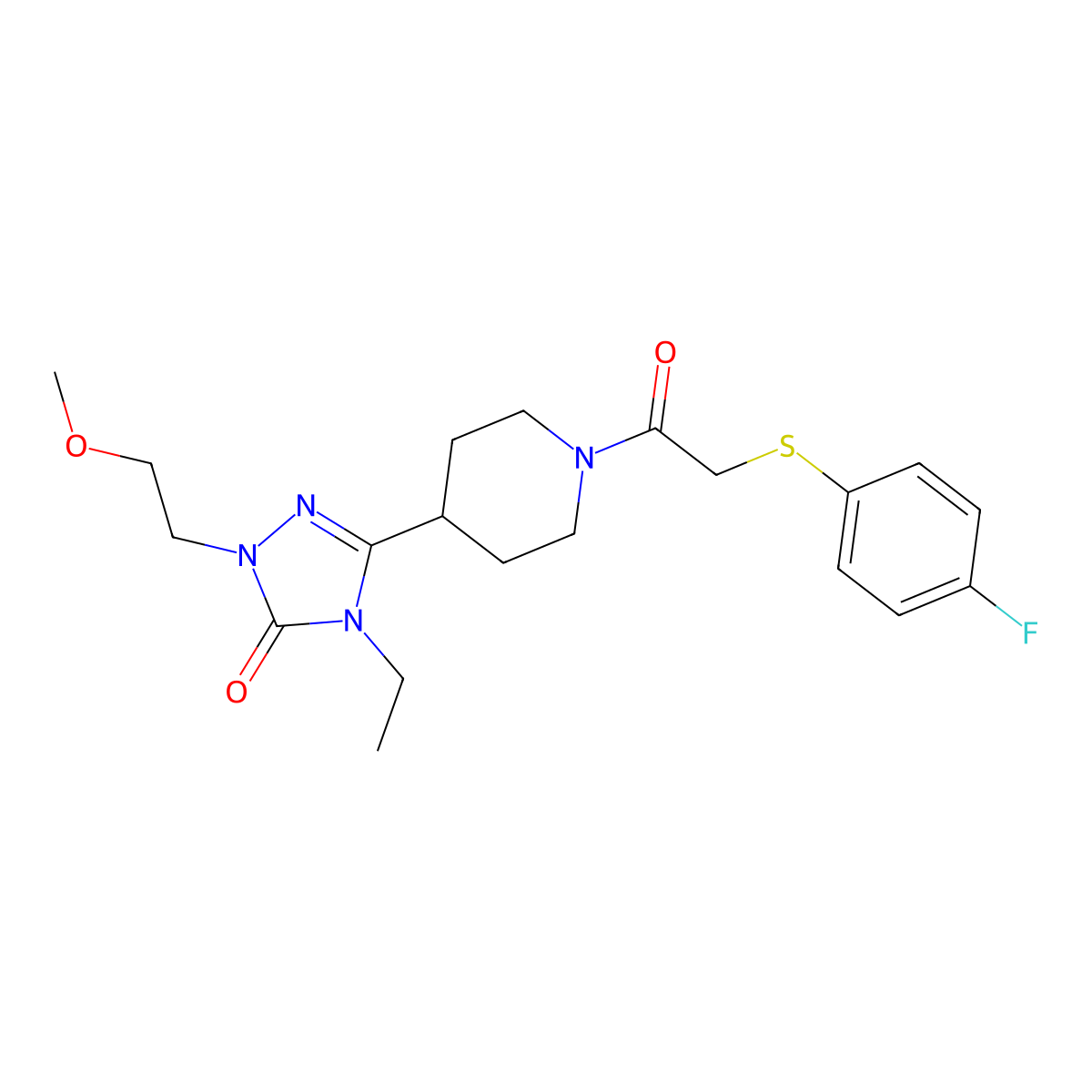 4-ethyl-3-(1-(2-((4-fluorophenyl)thio)acetyl)piperidin-4-yl)-1-(2-methoxyethyl)-1H-1,2,4-triazol-5(4H)-one molecular structure, CAS 1797737-06-4