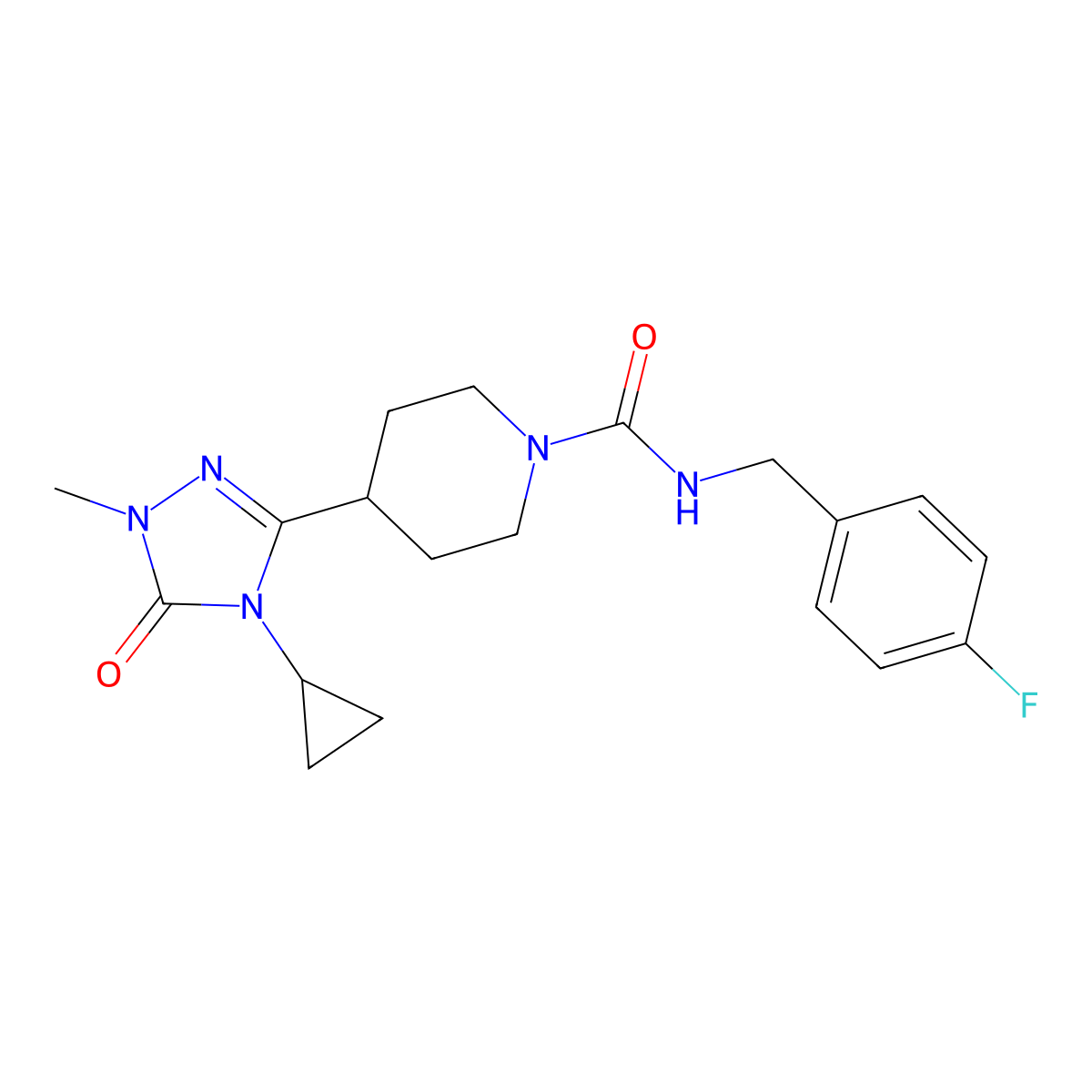 4-(4-Cyclopropyl-1-methyl-5-oxo-1,2,4-triazol-3-yl)-N-[(4-fluorophenyl)methyl]piperidine-1-carboxamide molecular structure, CAS 1797737-97-3