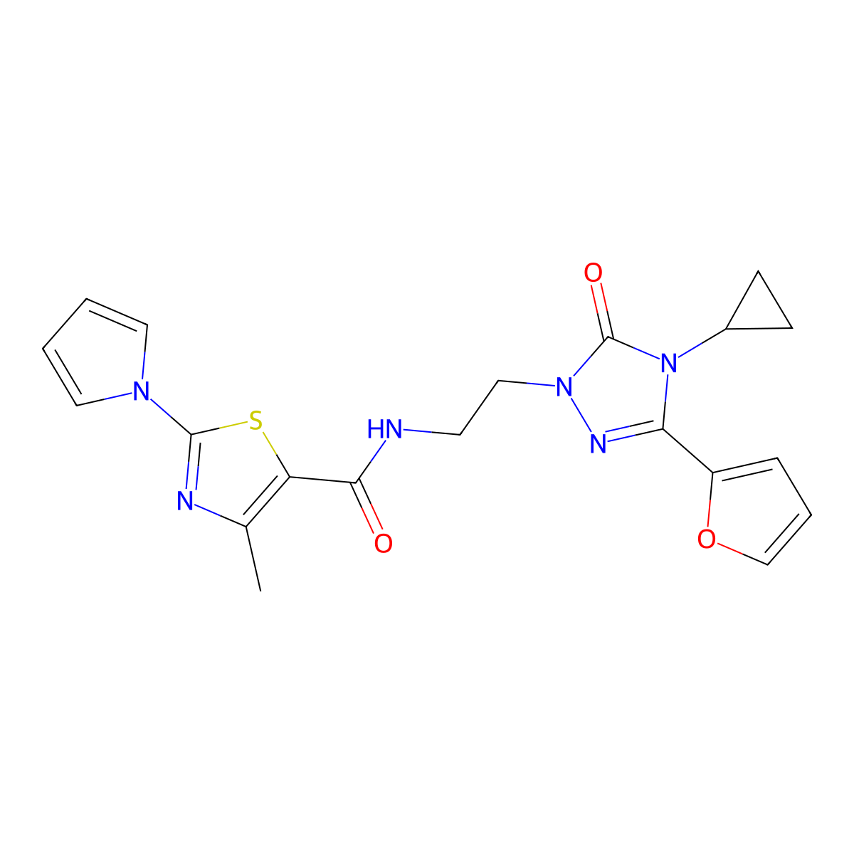 N-{2-[4-cyclopropyl-3-(furan-2-yl)-5-oxo-4,5-dihydro-1H-1,2,4-triazol-1-yl]ethyl}-4-methyl-2-(1H-pyrrol-1-yl)-1,3-thiazole-5-carboxamide molecular structure, CAS 1797738-02-3