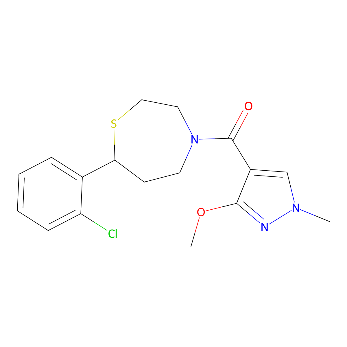 (7-(2-chlorophenyl)-1,4-thiazepan-4-yl)(3-methoxy-1-methyl-1H-pyrazol-4-yl)methanone molecular structure, CAS 1797738-61-4