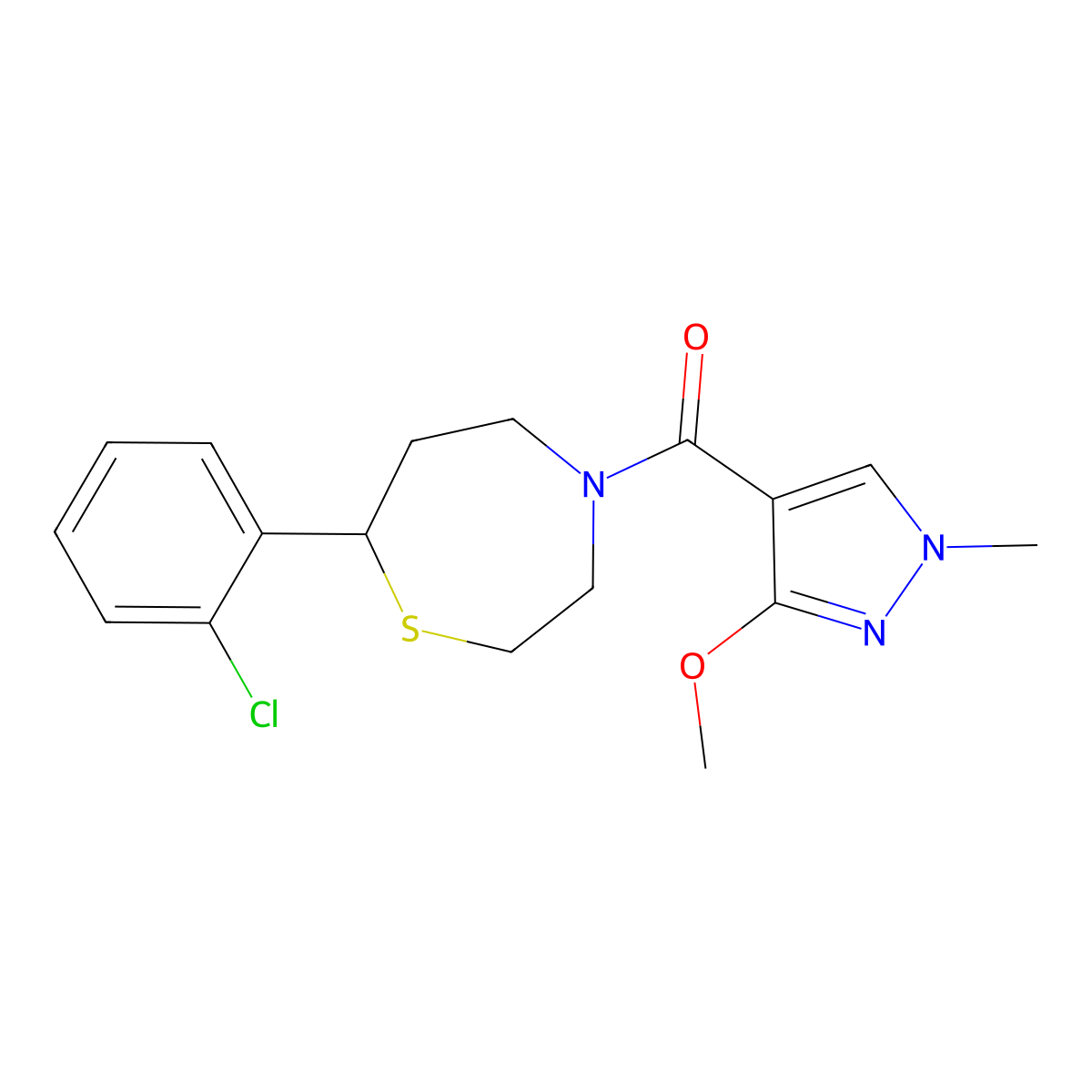 (7-(2-chlorophenyl)-1,4-thiazepan-4-yl)(3-methoxy-1-methyl-1H-pyrazol-4-yl)methanone molecular structure, CAS 1797738-61-4