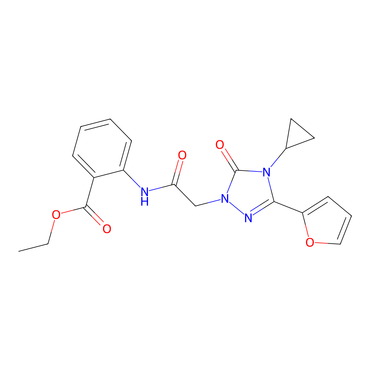 ethyl 2-(2-(4-cyclopropyl-3-(furan-2-yl)-5-oxo-4,5-dihydro-1H-1,2,4-triazol-1-yl)acetamido)benzoate molecular structure, CAS 1797738-79-4
