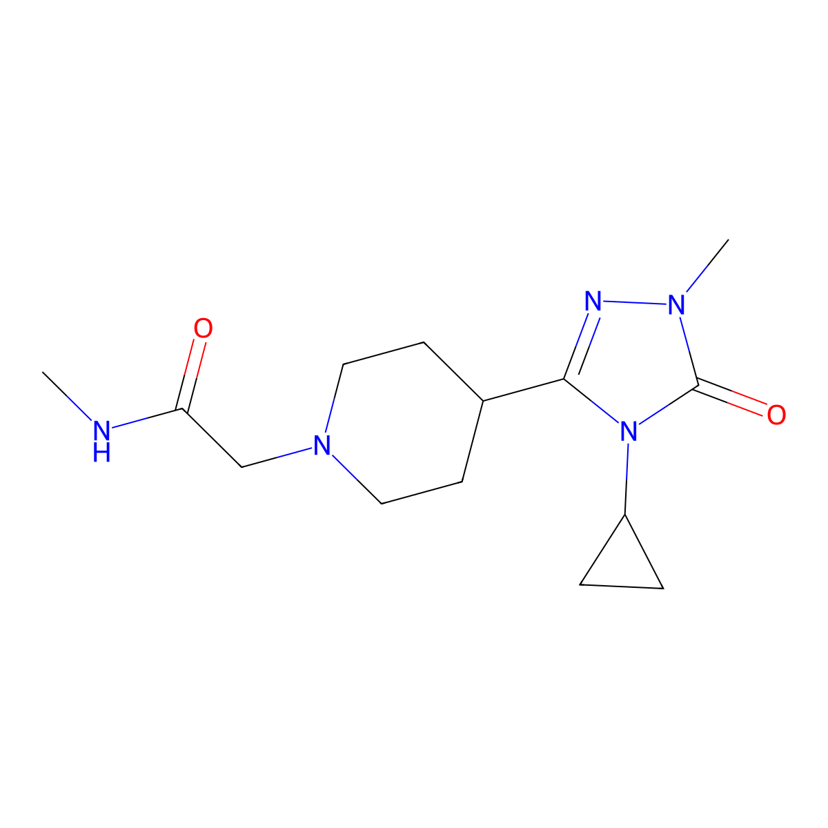 2-(4-(4-cyclopropyl-1-methyl-5-oxo-4,5-dihydro-1H-1,2,4-triazol-3-yl)piperidin-1-yl)-N-methylacetamide molecular structure, CAS 1797739-28-6