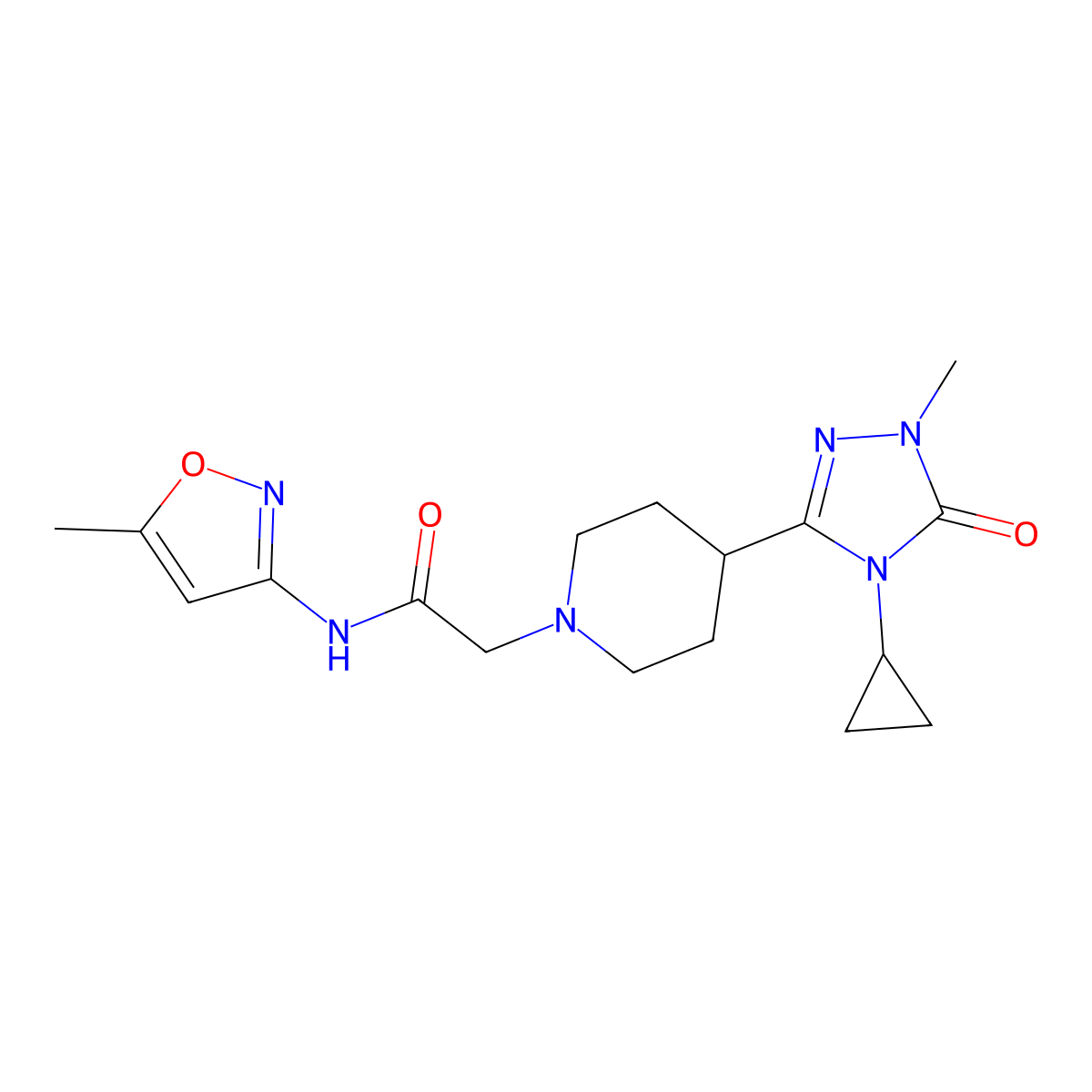 2-(4-(4-cyclopropyl-1-methyl-5-oxo-4,5-dihydro-1H-1,2,4-triazol-3-yl)piperidin-1-yl)-N-(5-methylisoxazol-3-yl)acetamide molecular structure, CAS 1797744-31-0