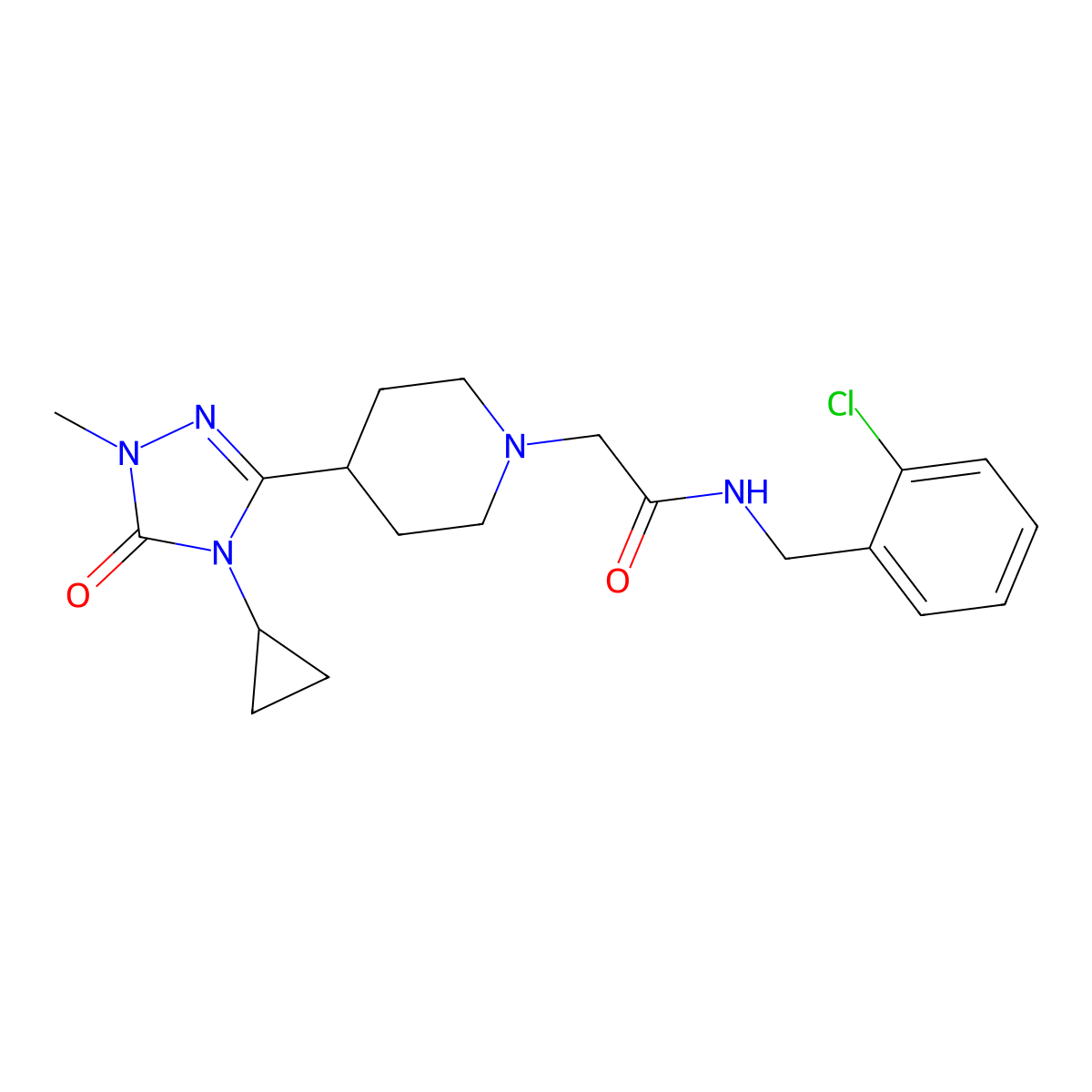 N-(2-chlorobenzyl)-2-(4-(4-cyclopropyl-1-methyl-5-oxo-4,5-dihydro-1H-1,2,4-triazol-3-yl)piperidin-1-yl)acetamide molecular structure, CAS 1797744-38-7
