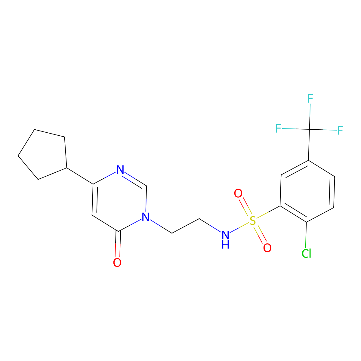 2-chloro-N-(2-(4-cyclopentyl-6-oxopyrimidin-1(6H)-yl)ethyl)-5-(trifluoromethyl)benzenesulfonamide molecular structure, CAS 1797744-54-7