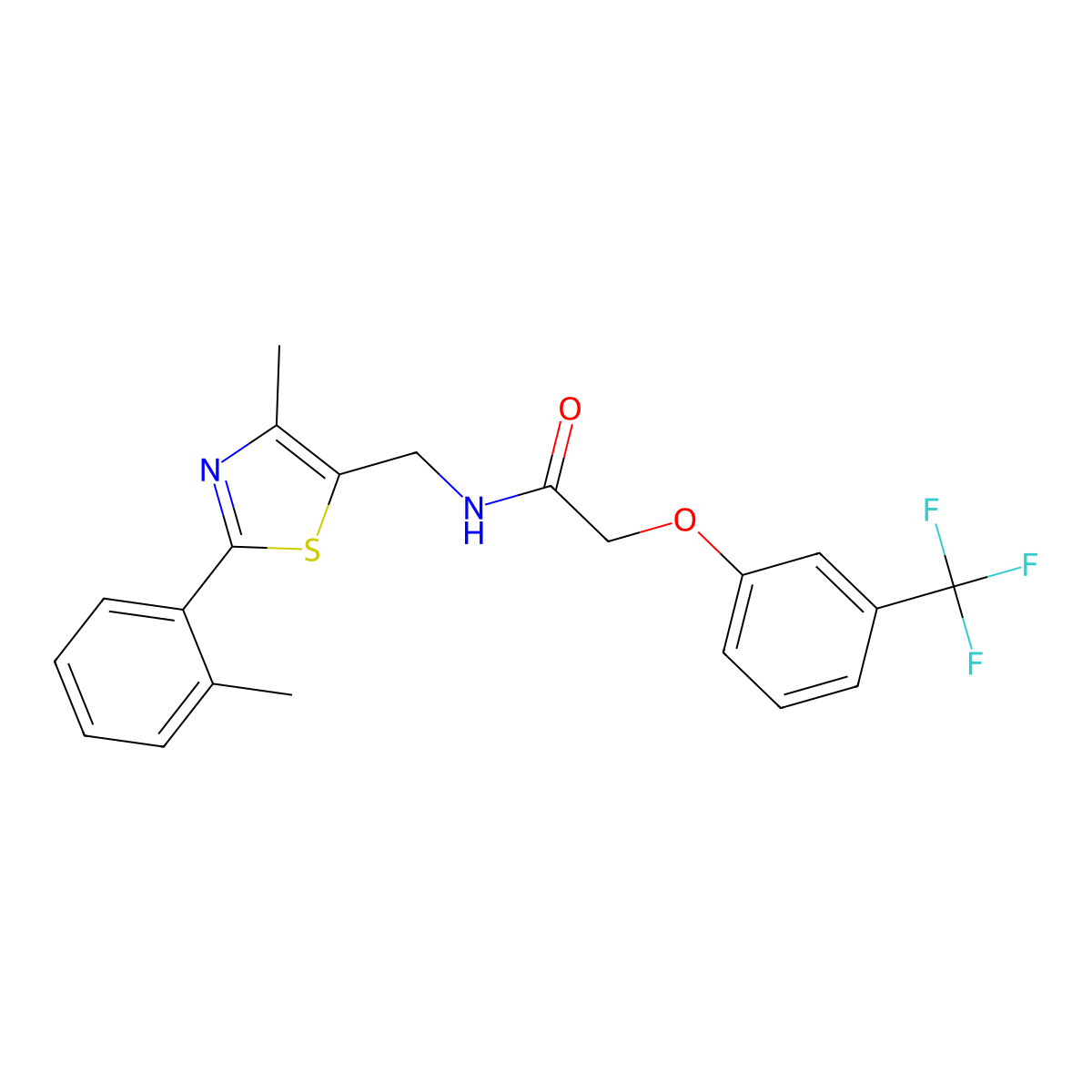 N-((4-methyl-2-(o-tolyl)thiazol-5-yl)methyl)-2-(3-(trifluoromethyl)phenoxy)acetamide molecular structure, CAS 1797744-78-5