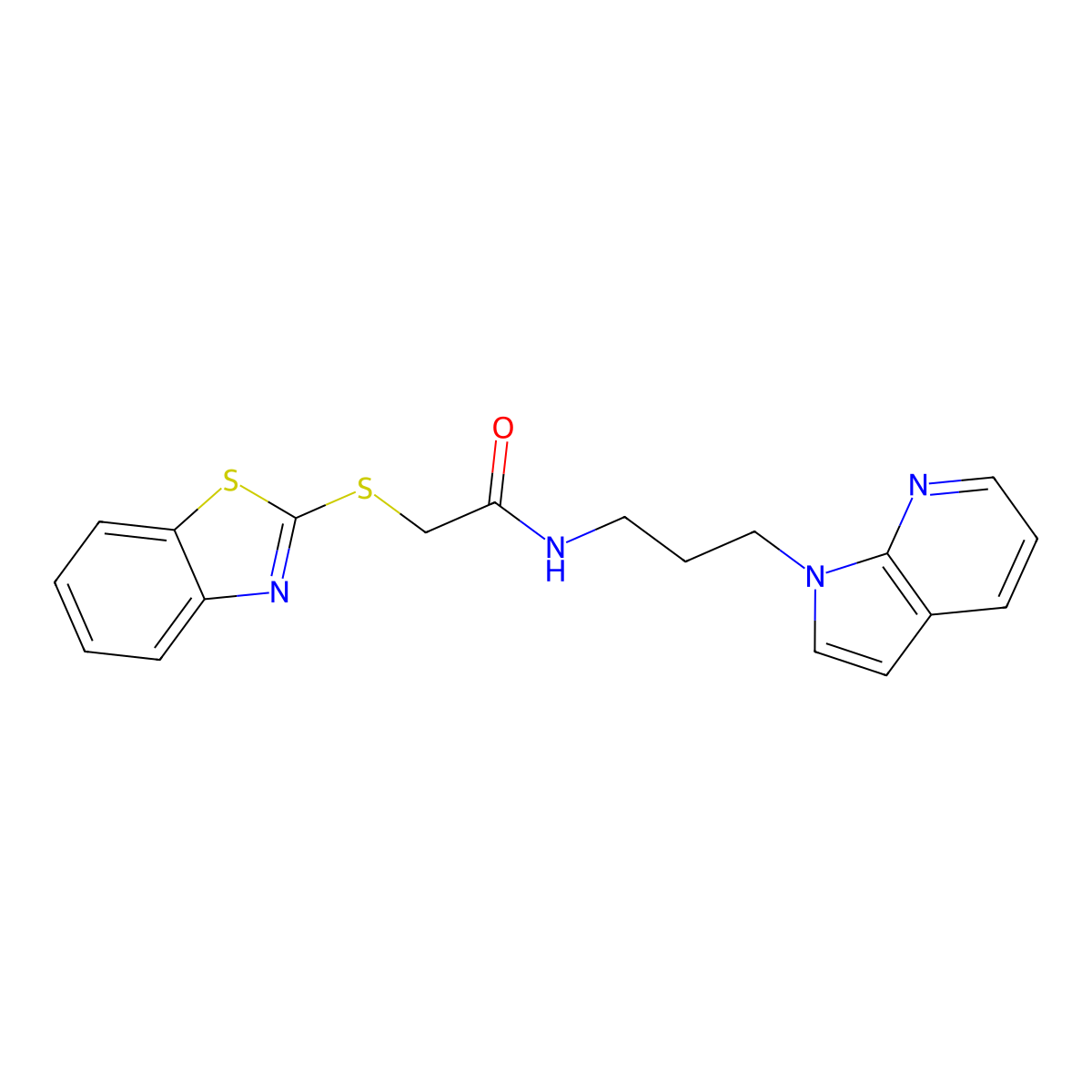 N-(3-(1H-pyrrolo[2,3-b]pyridin-1-yl)propyl)-2-(benzo[d]thiazol-2-ylthio)acetamide molecular structure, CAS 1797745-23-3