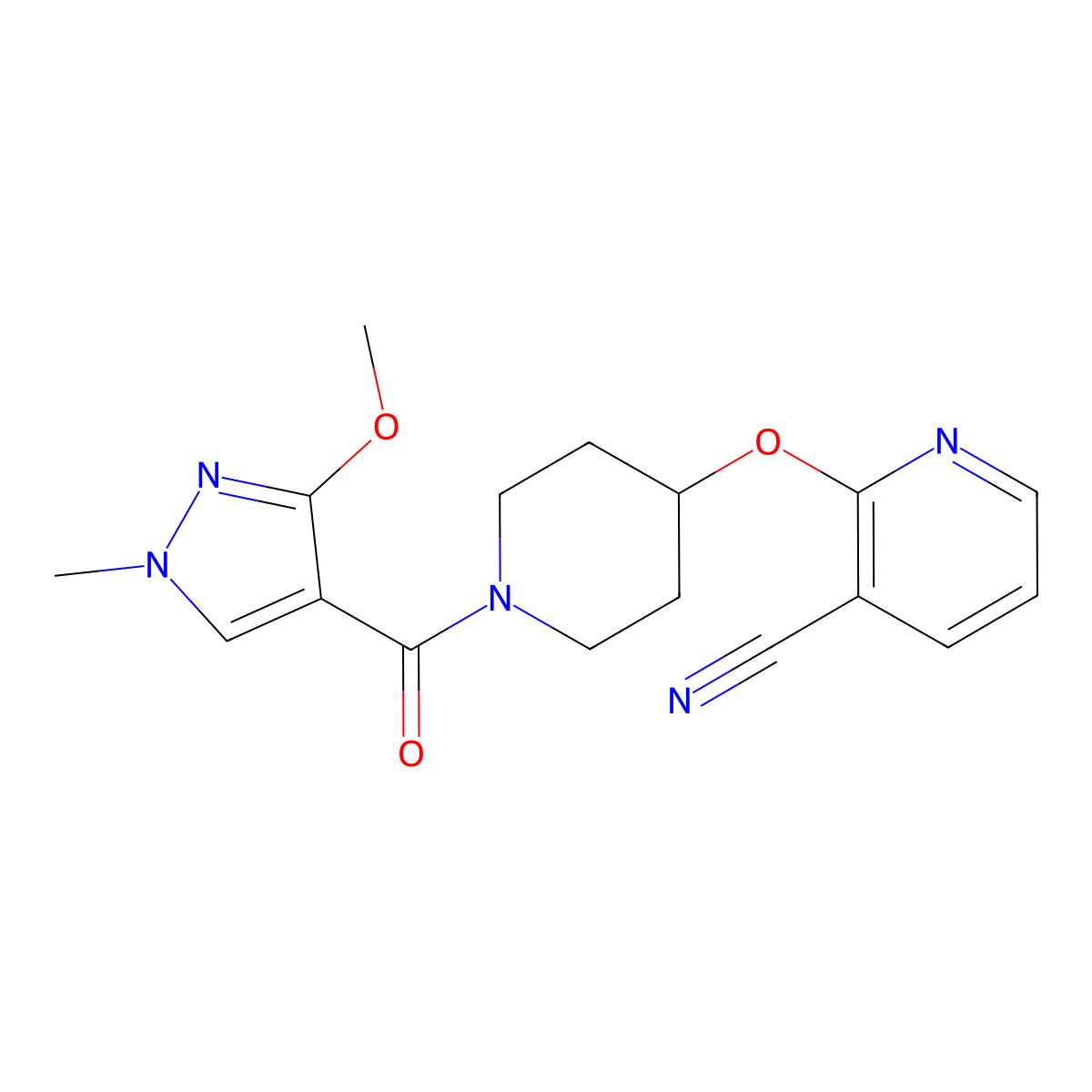 2-((1-(3-methoxy-1-methyl-1H-pyrazole-4-carbonyl)piperidin-4-yl)oxy)nicotinonitrile molecular structure, CAS 1797746-07-6