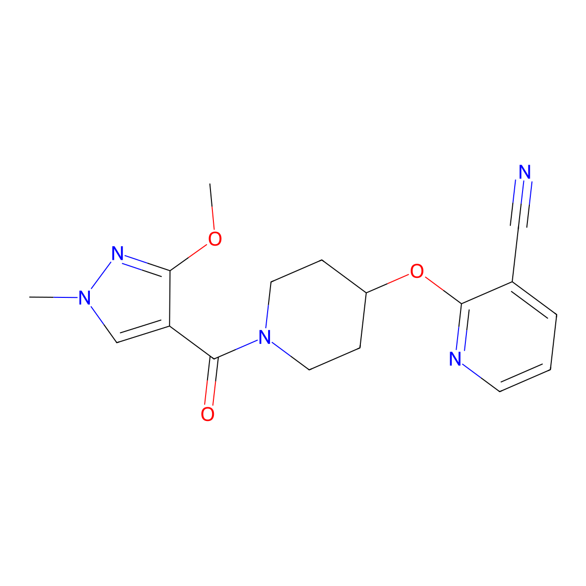 2-((1-(3-methoxy-1-methyl-1H-pyrazole-4-carbonyl)piperidin-4-yl)oxy)nicotinonitrile molecular structure, CAS 1797746-07-6