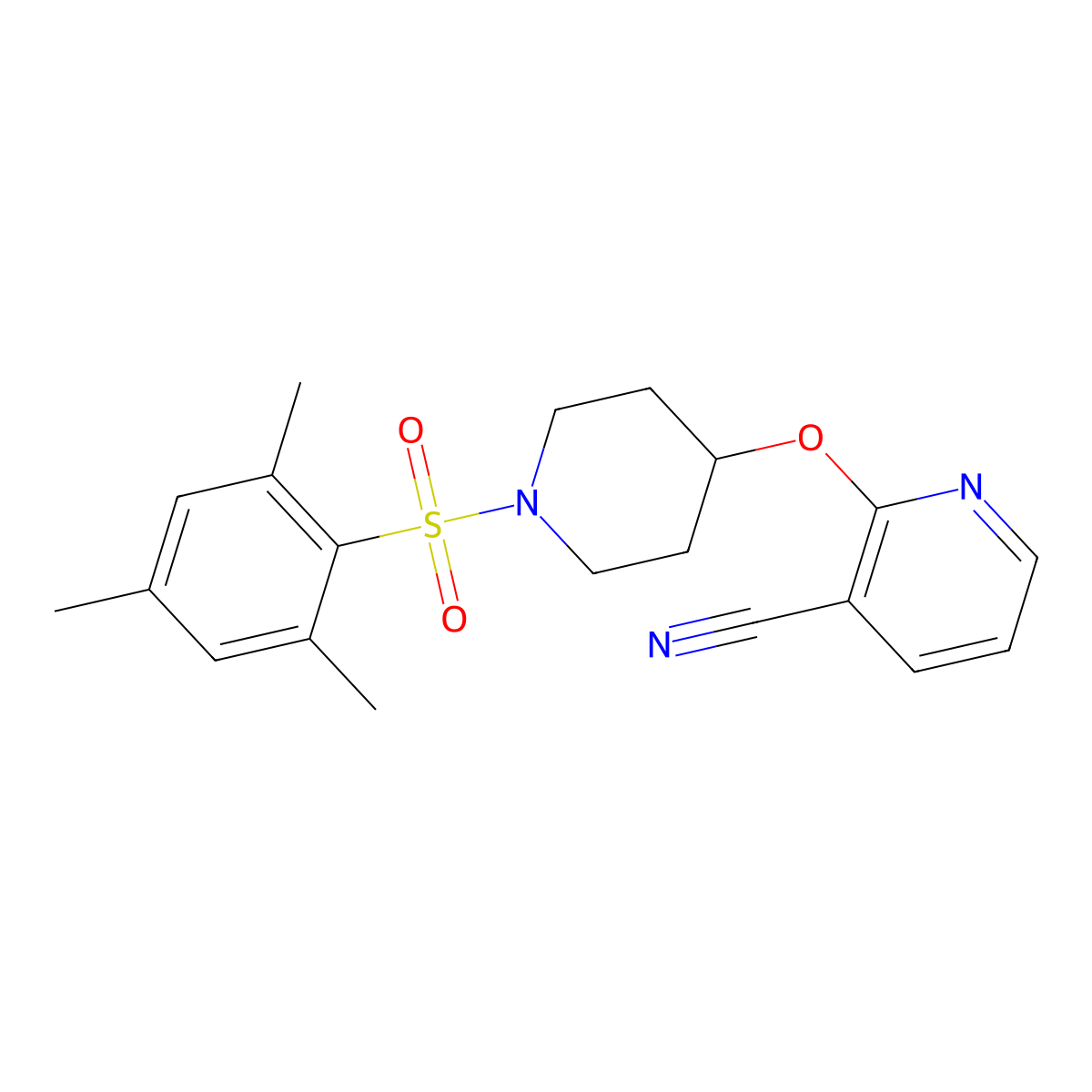 2-((1-(Mesitylsulfonyl)piperidin-4-yl)oxy)nicotinonitrile molecular structure, CAS 1797754-82-5