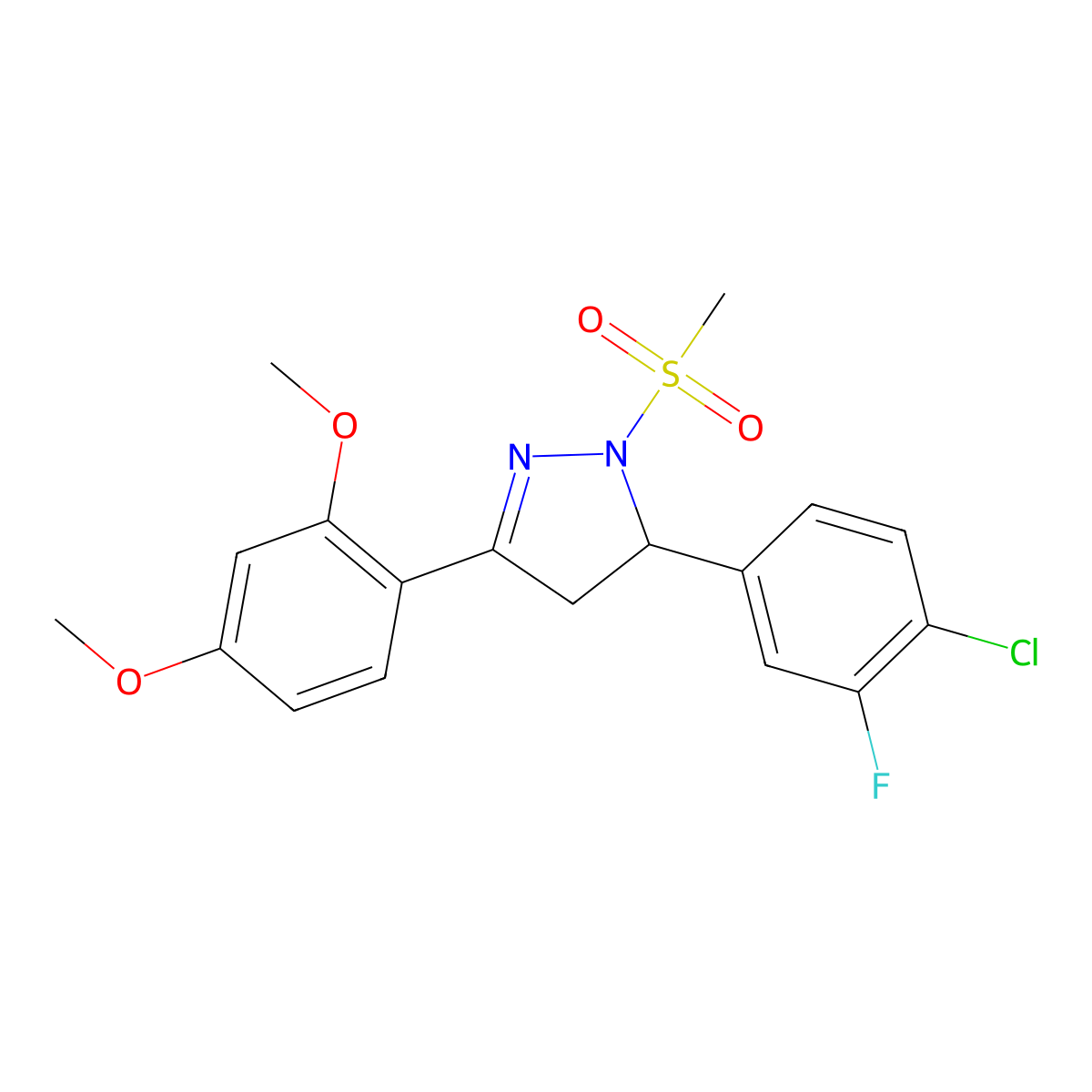 5-(4-chloro-3-fluorophenyl)-3-(2,4-dimethoxyphenyl)-1-methanesulfonyl-4,5-dihydro-1H-pyrazole molecular structure, CAS 1797755-99-7