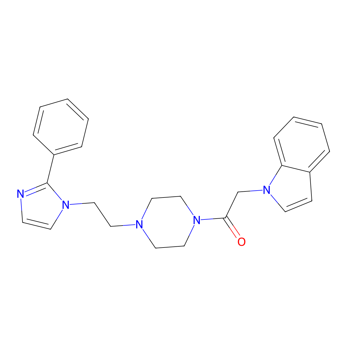 2-(1H-indol-1-yl)-1-(4-(2-(2-phenyl-1H-imidazol-1-yl)ethyl)piperazin-1-yl)ethanone molecular structure, CAS 1797756-85-4