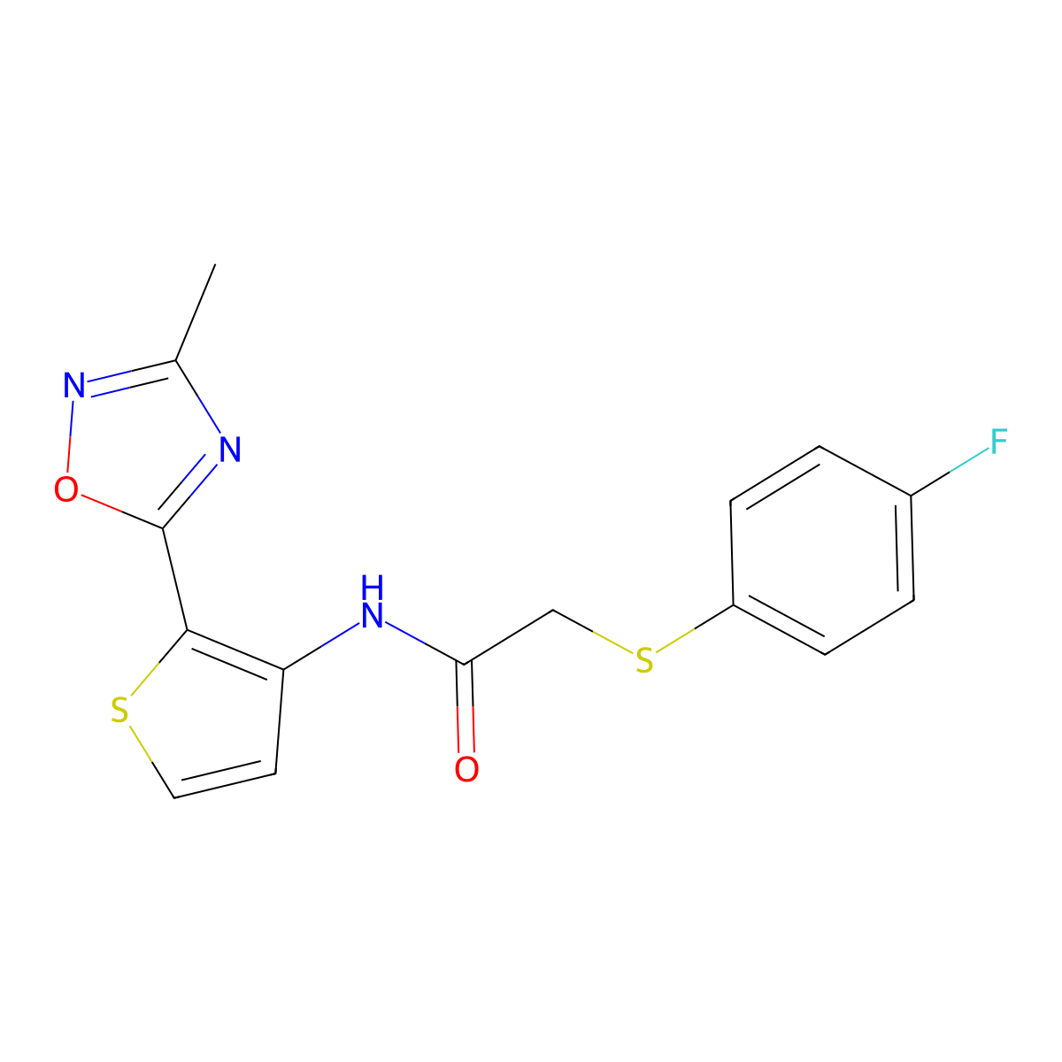2-((4-fluorophenyl)thio)-N-(2-(3-methyl-1,2,4-oxadiazol-5-yl)thiophen-3-yl)acetamide molecular structure, CAS 1797757-13-1