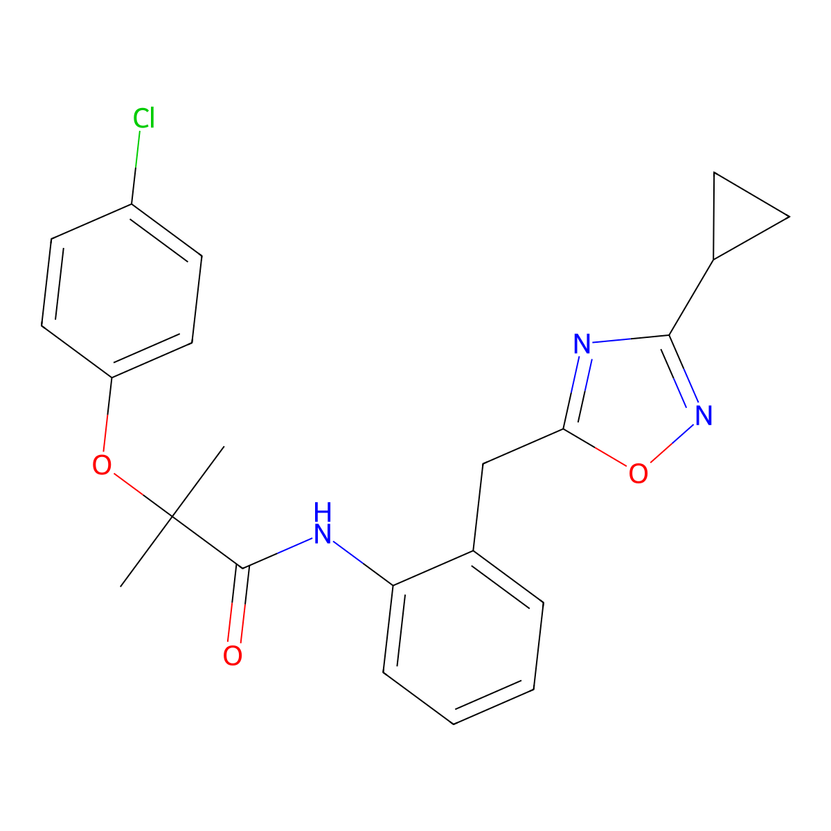 2-(4-chlorophenoxy)-N-(2-((3-cyclopropyl-1,2,4-oxadiazol-5-yl)methyl)phenyl)-2-methylpropanamide molecular structure, CAS 1797757-21-1