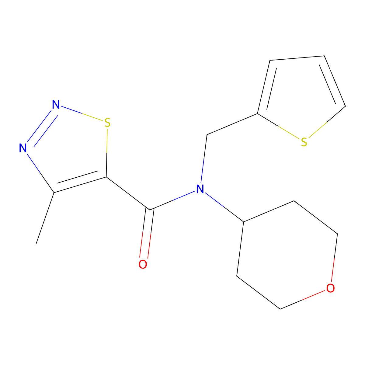 4-methyl-N-(tetrahydro-2H-pyran-4-yl)-N-(thiophen-2-ylmethyl)-1,2,3-thiadiazole-5-carboxamide molecular structure, CAS 1797760-26-9