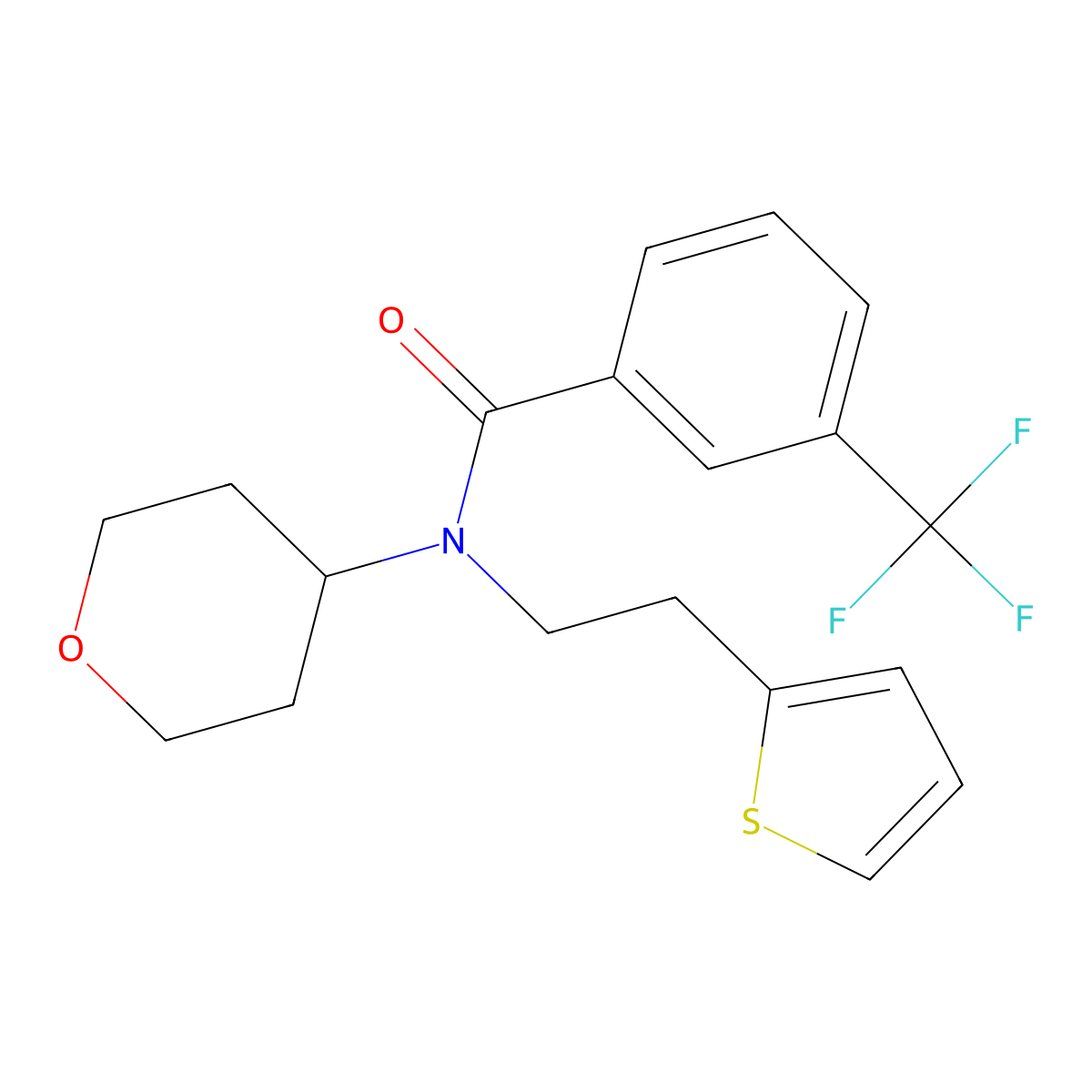 N-(tetrahydro-2H-pyran-4-yl)-N-(2-(thiophen-2-yl)ethyl)-3-(trifluoromethyl)benzamide molecular structure, CAS 1797760-31-6