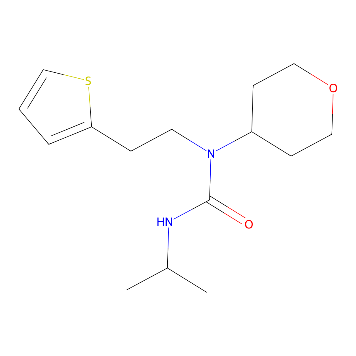 3-isopropyl-1-(tetrahydro-2H-pyran-4-yl)-1-(2-(thiophen-2-yl)ethyl)urea molecular structure, CAS 1797760-38-3