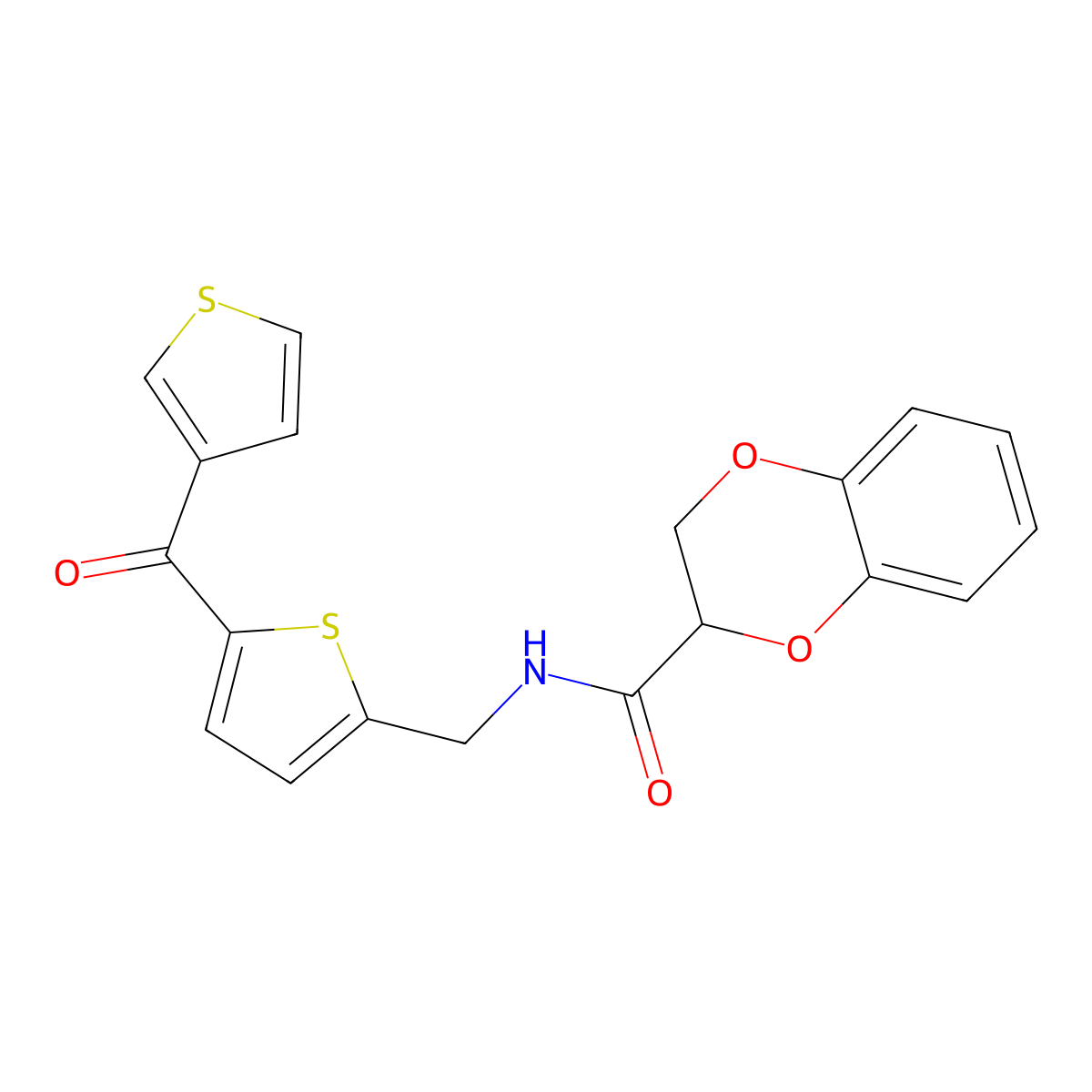 N-((5-(thiophene-3-carbonyl)thiophen-2-yl)methyl)-2,3-dihydrobenzo[b][1,4]dioxine-2-carboxamide molecular structure, CAS 1797760-75-8