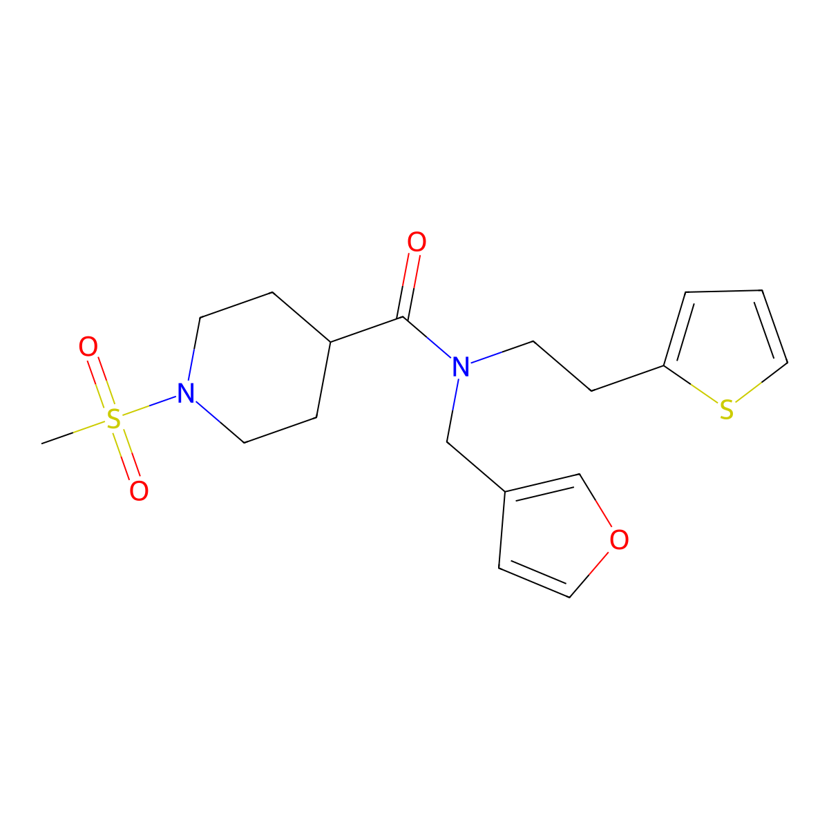 N-(furan-3-ylmethyl)-1-(methylsulfonyl)-N-(2-(thiophen-2-yl)ethyl)piperidine-4-carboxamide molecular structure, CAS 1797762-65-2