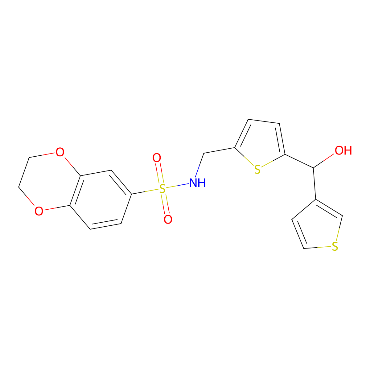 N-((5-(hydroxy(thiophen-3-yl)methyl)thiophen-2-yl)methyl)-2,3-dihydrobenzo[b][1,4]dioxine-6-sulfonamide molecular structure, CAS 1797762-85-6