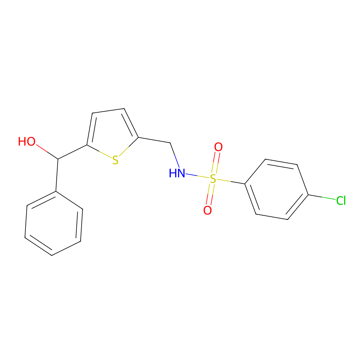 4-chloro-N-((5-(hydroxy(phenyl)methyl)thiophen-2-yl)methyl)benzenesulfonamide molecular structure, CAS 1797774-91-4
