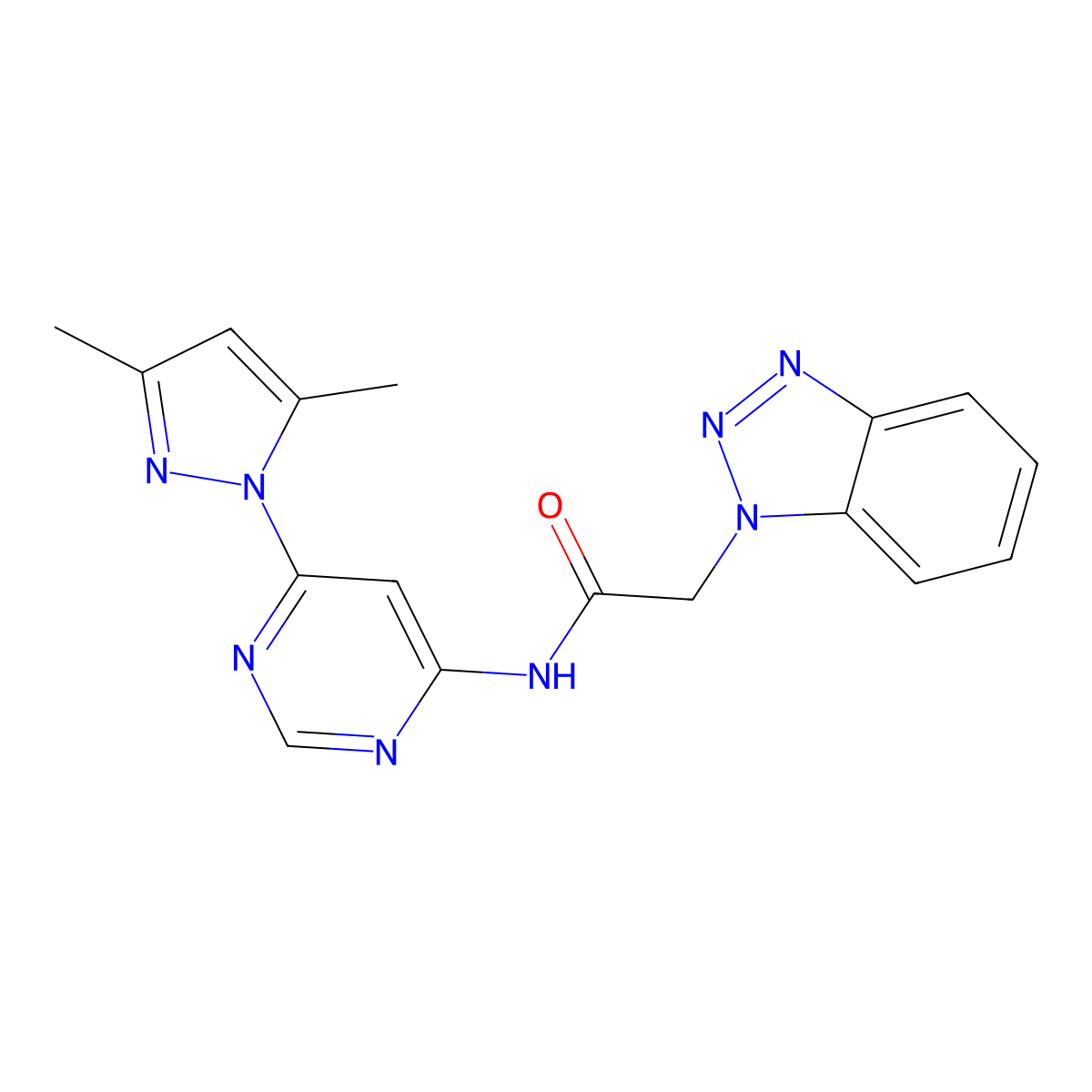 2-(1H-benzo[d][1,2,3]triazol-1-yl)-N-(6-(3,5-dimethyl-1H-pyrazol-1-yl)pyrimidin-4-yl)acetamide molecular structure, CAS 1797775-98-4