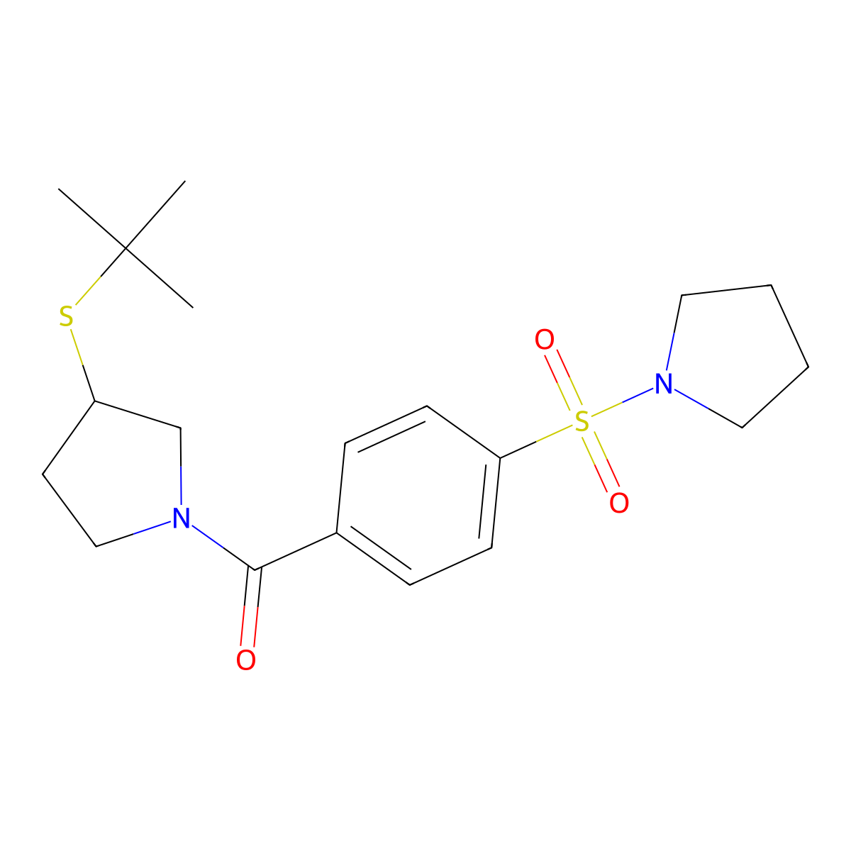 (3-(Tert-butylthio)pyrrolidin-1-yl)(4-(pyrrolidin-1-ylsulfonyl)phenyl)methanone molecular structure, CAS 1797781-71-5