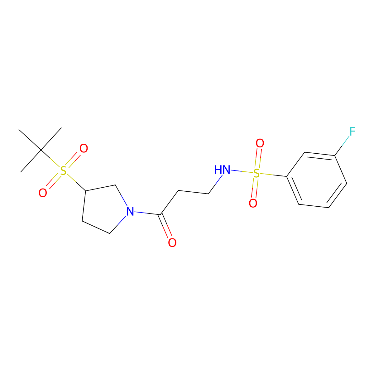 N-(3-(3-(tert-butylsulfonyl)pyrrolidin-1-yl)-3-oxopropyl)-3-fluorobenzenesulfonamide molecular structure, CAS 1797781-75-9