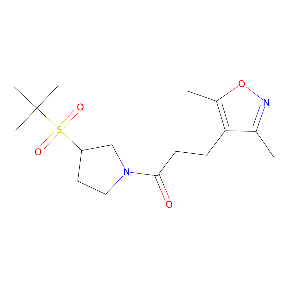 1-(3-(Tert-butylsulfonyl)pyrrolidin-1-yl)-3-(3,5-dimethylisoxazol-4-yl)propan-1-one molecular structure, CAS 1797781-84-0