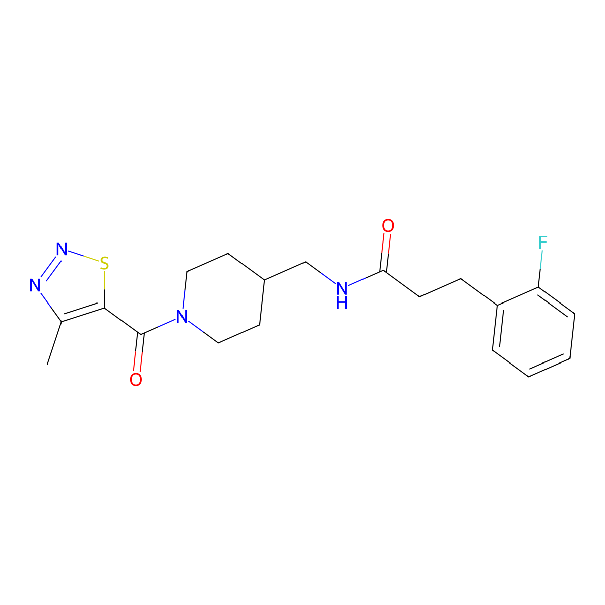 3-(2-Fluorophenyl)-N-{[1-(4-methyl-1,2,3-thiadiazole-5-carbonyl)piperidin-4-YL]methyl}propanamide molecular structure, CAS 1797791-11-7