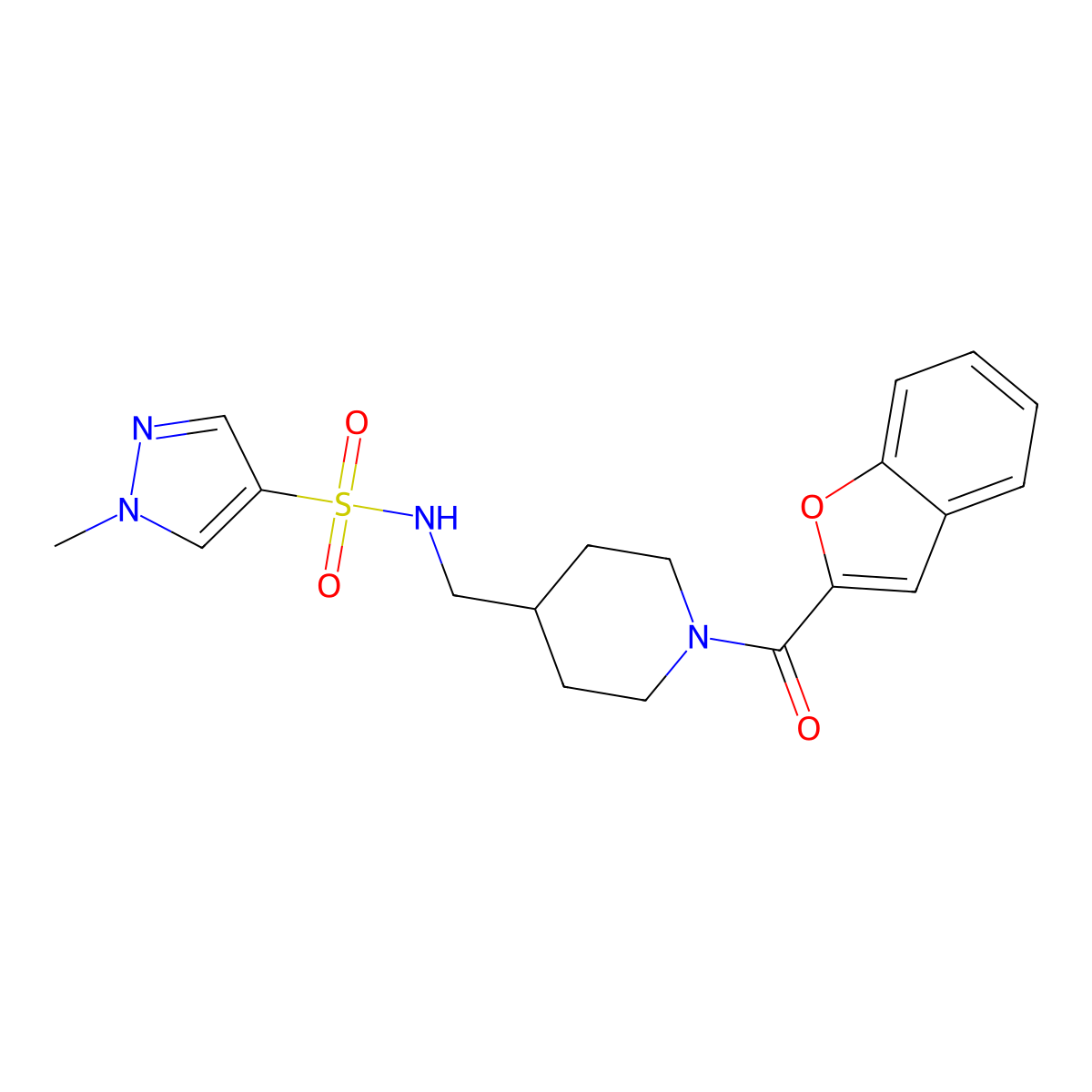 N-((1-(benzofuran-2-carbonyl)piperidin-4-yl)methyl)-1-methyl-1H-pyrazole-4-sulfonamide molecular structure, CAS 1797791-36-6