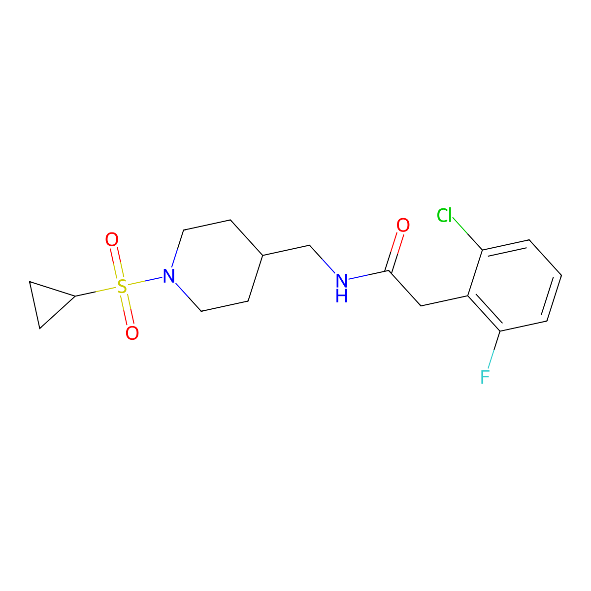 2-(2-chloro-6-fluorophenyl)-N-((1-(cyclopropylsulfonyl)piperidin-4-yl)methyl)acetamide molecular structure, CAS 1797791-48-0