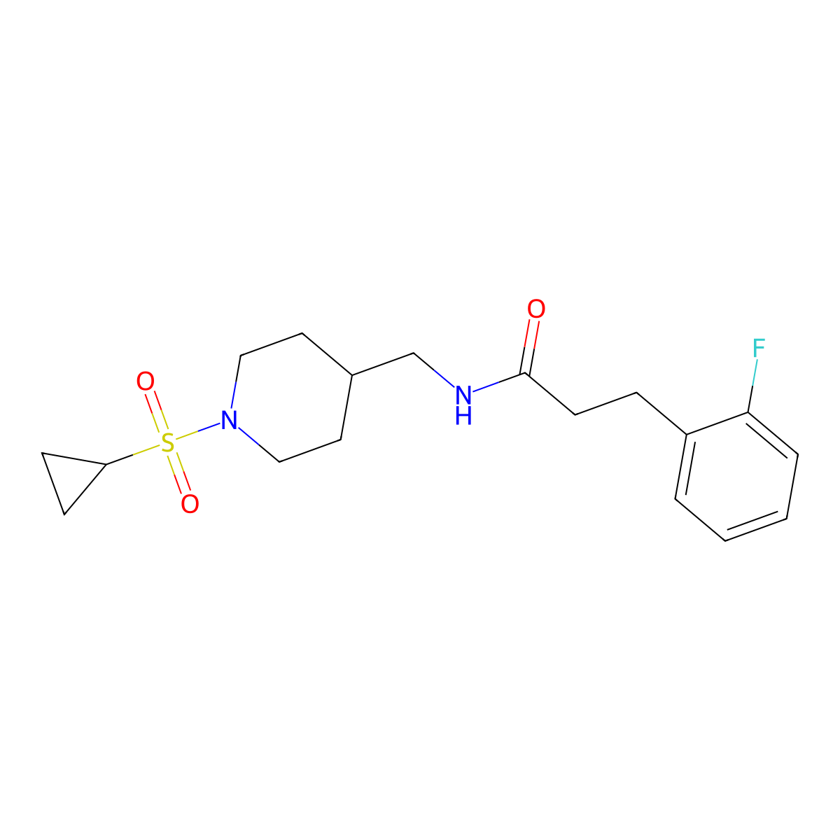 N-((1-(cyclopropylsulfonyl)piperidin-4-yl)methyl)-3-(2-fluorophenyl)propanamide molecular structure, CAS 1797791-53-7