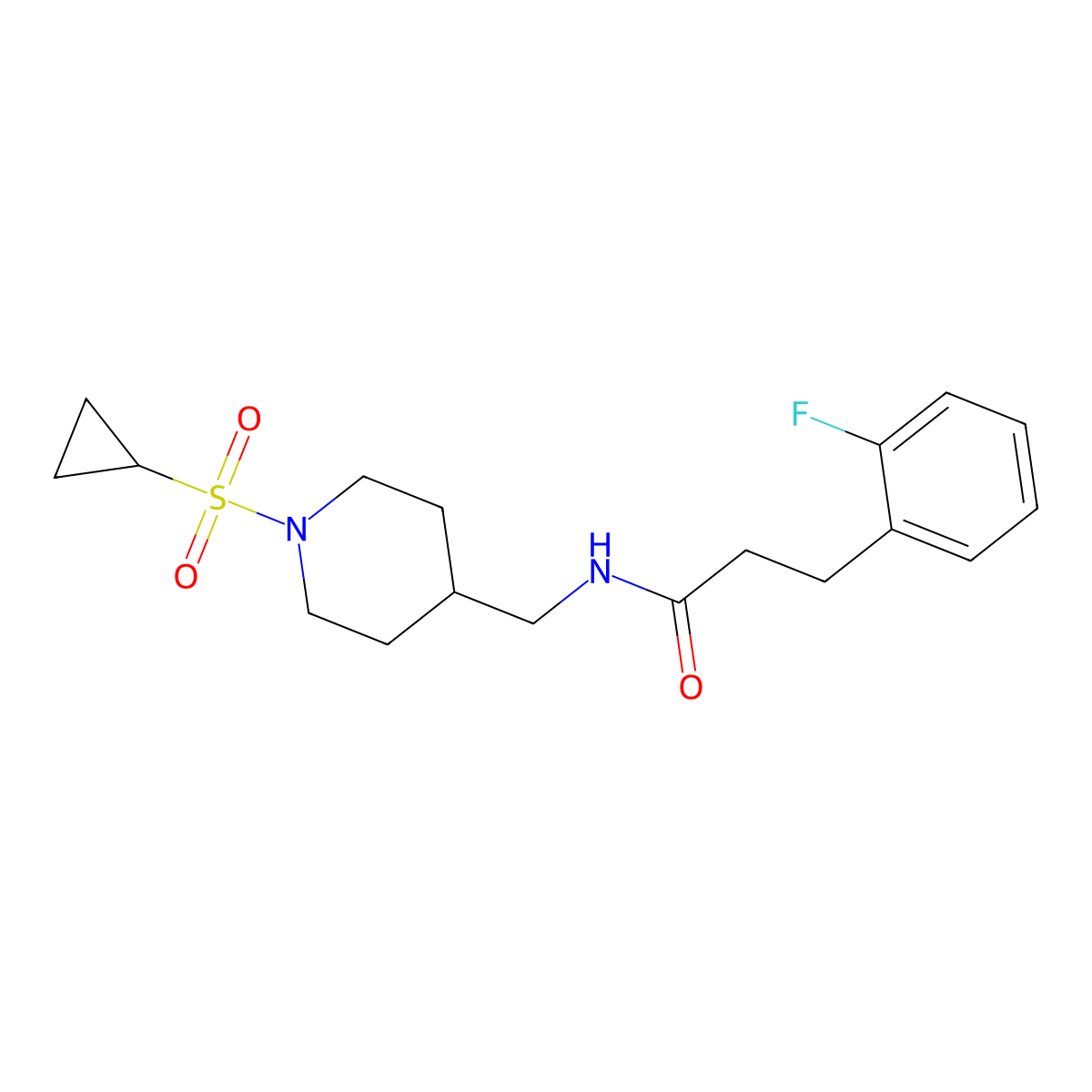 N-((1-(cyclopropylsulfonyl)piperidin-4-yl)methyl)-3-(2-fluorophenyl)propanamide molecular structure, CAS 1797791-53-7