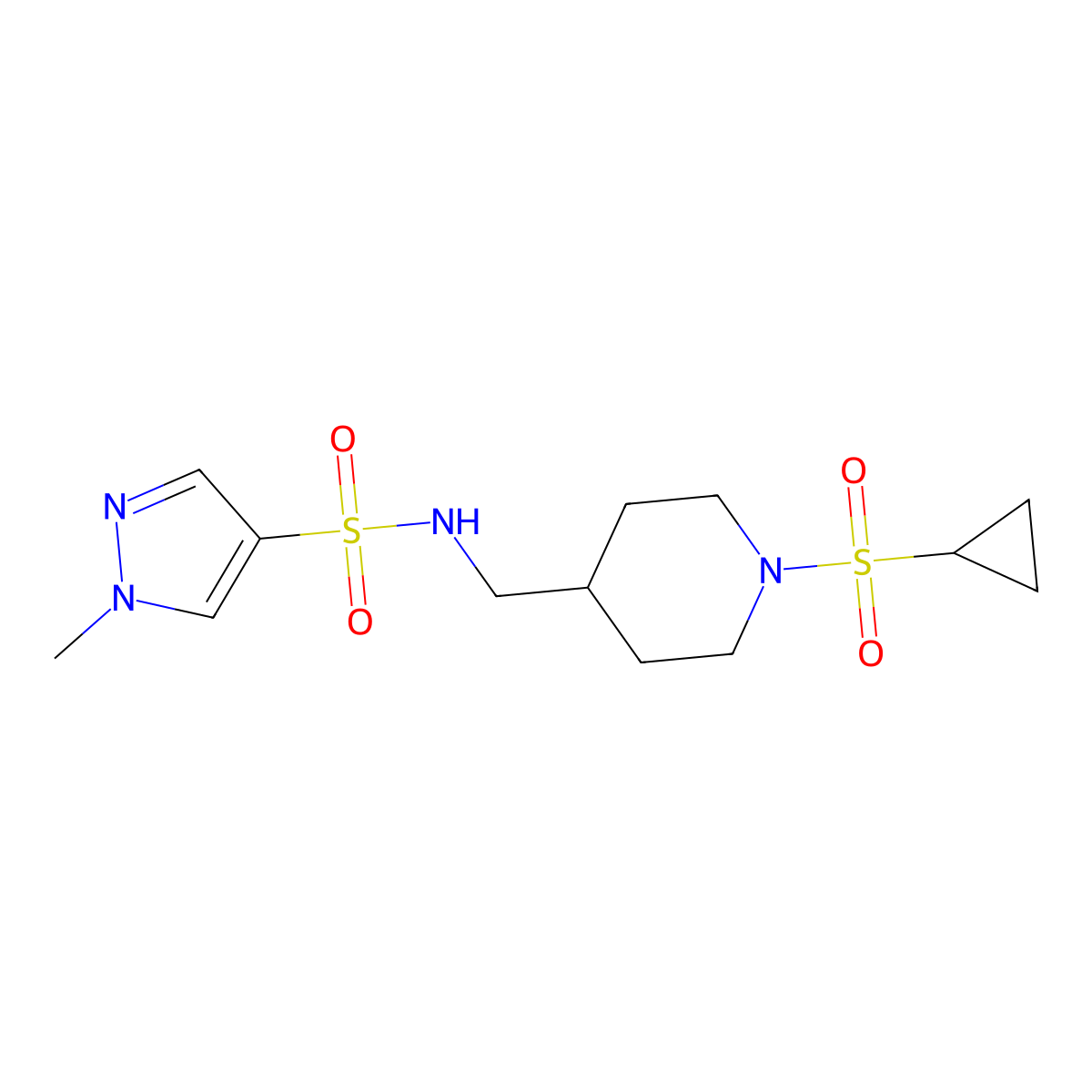 N-((1-(cyclopropylsulfonyl)piperidin-4-yl)methyl)-1-methyl-1H-pyrazole-4-sulfonamide molecular structure, CAS 1797791-58-2