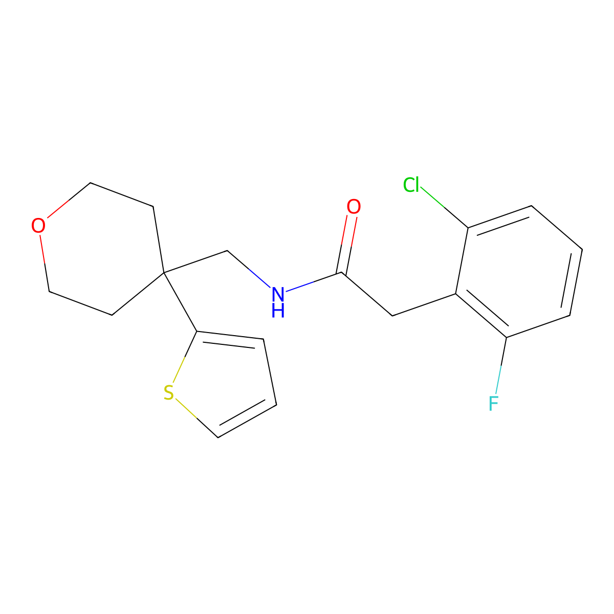 2-(2-chloro-6-fluorophenyl)-N-((4-(thiophen-2-yl)tetrahydro-2H-pyran-4-yl)methyl)acetamide molecular structure, CAS 1797792-63-2