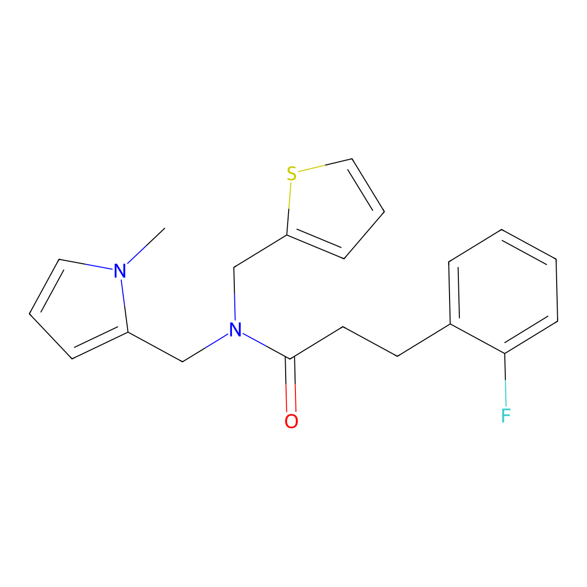 3-(2-fluorophenyl)-N-((1-methyl-1H-pyrrol-2-yl)methyl)-N-(thiophen-2-ylmethyl)propanamide molecular structure, CAS 1797793-09-9