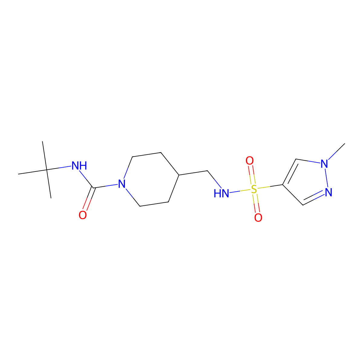 N-(tert-butyl)-4-((1-methyl-1H-pyrazole-4-sulfonamido)methyl)piperidine-1-carboxamide molecular structure, CAS 1797793-58-8