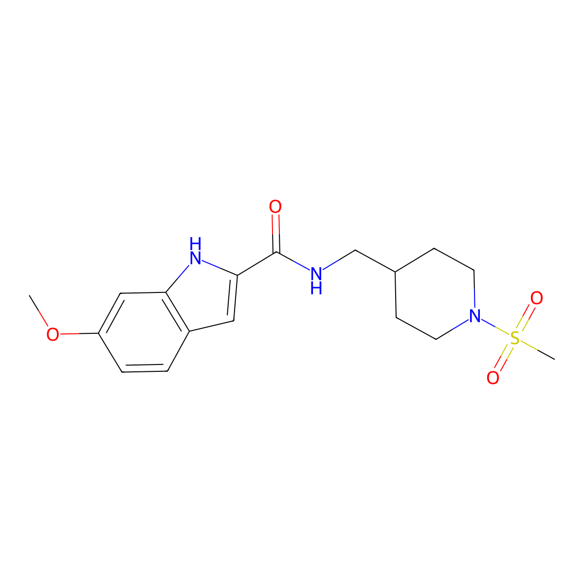 6-methoxy-N-((1-(methylsulfonyl)piperidin-4-yl)methyl)-1H-indole-2-carboxamide molecular structure, CAS 1797793-63-5